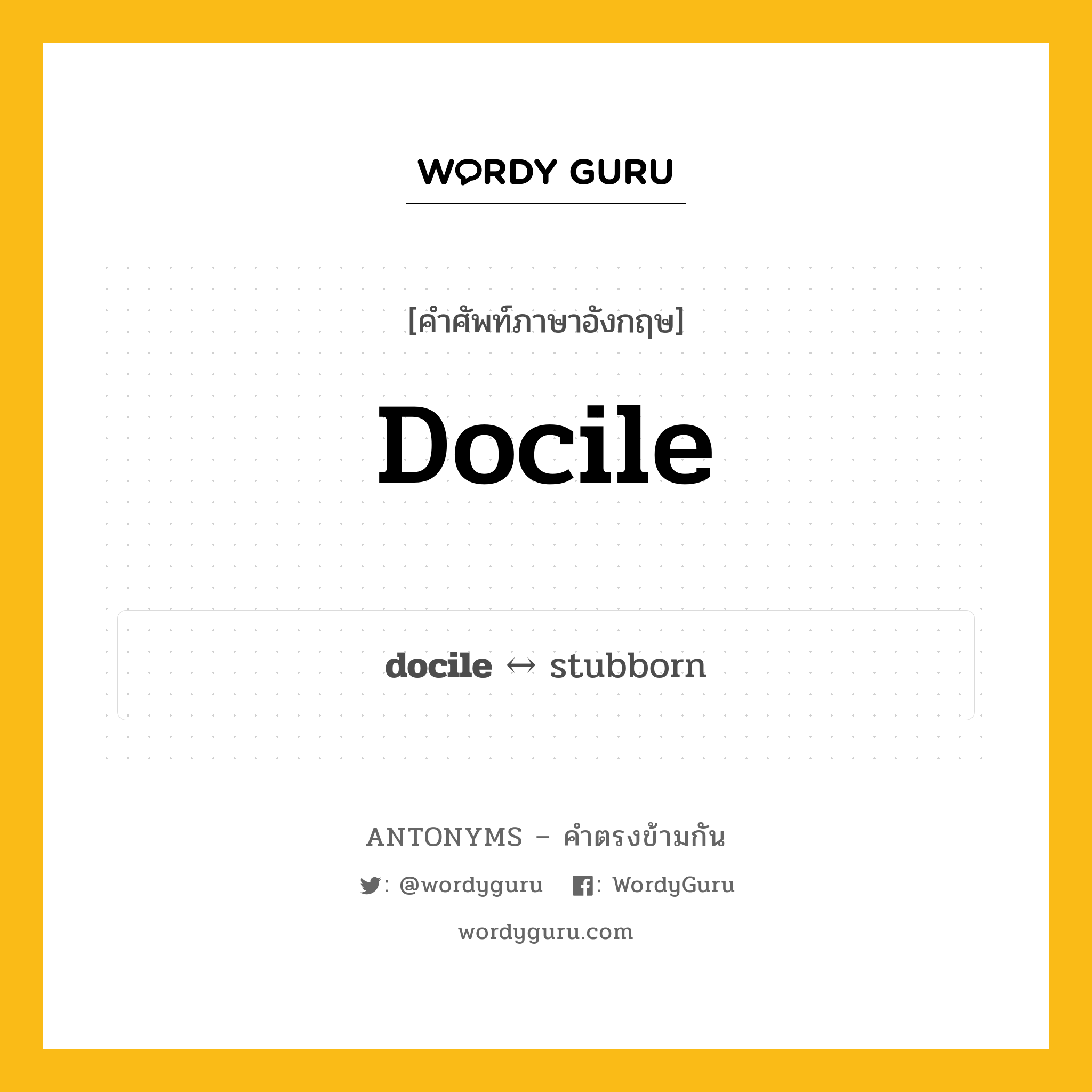 docile ตรงข้ามกับอะไร พร้อมคำแปลและตัวอย่าง, คำศัพท์ภาษาอังกฤษที่มีความหมายตรงข้ามกัน docile ตรงข้ามกับ stubborn คำคุณศัพท์ เชื่อง, ว่านอนสอนง่าย กลุ่มคำตรงข้าม คำคุณศัพท์ หมวด adjective-pairs, stubborn