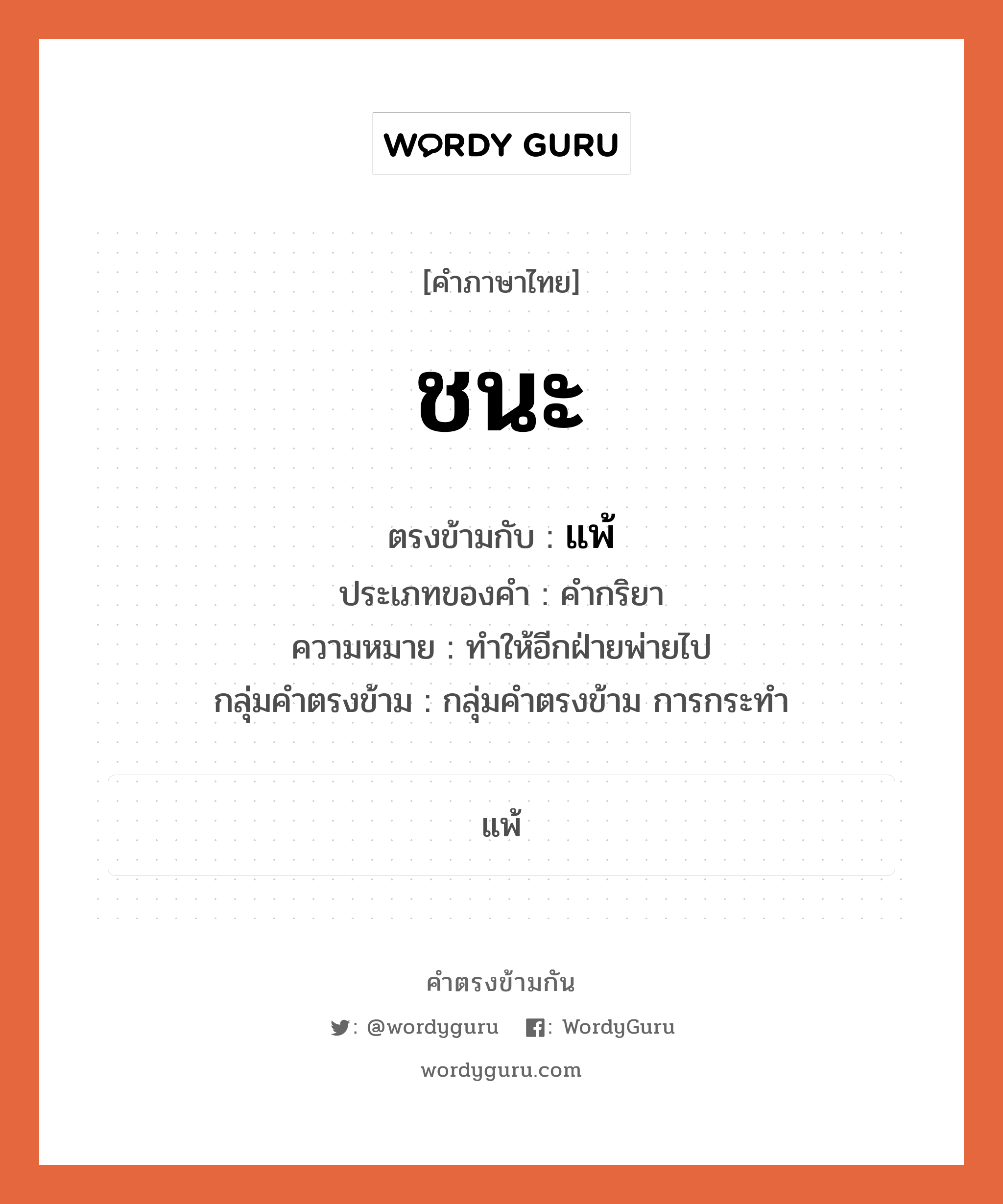 ชนะ ตรงข้ามกับอะไร พร้อมความหมายและตัวอย่าง, คำตรงข้าม ชนะ คำภาษาไทย ชนะ ตรงข้ามกับ แพ้ ประเภทของคำ คำกริยา ความหมาย ทำให้อีกฝ่ายพ่ายไป กลุ่มคำตรงข้าม กลุ่มคำตรงข้าม การกระทำ หมวด กลุ่มคำตรงข้าม การกระทำ, แพ้