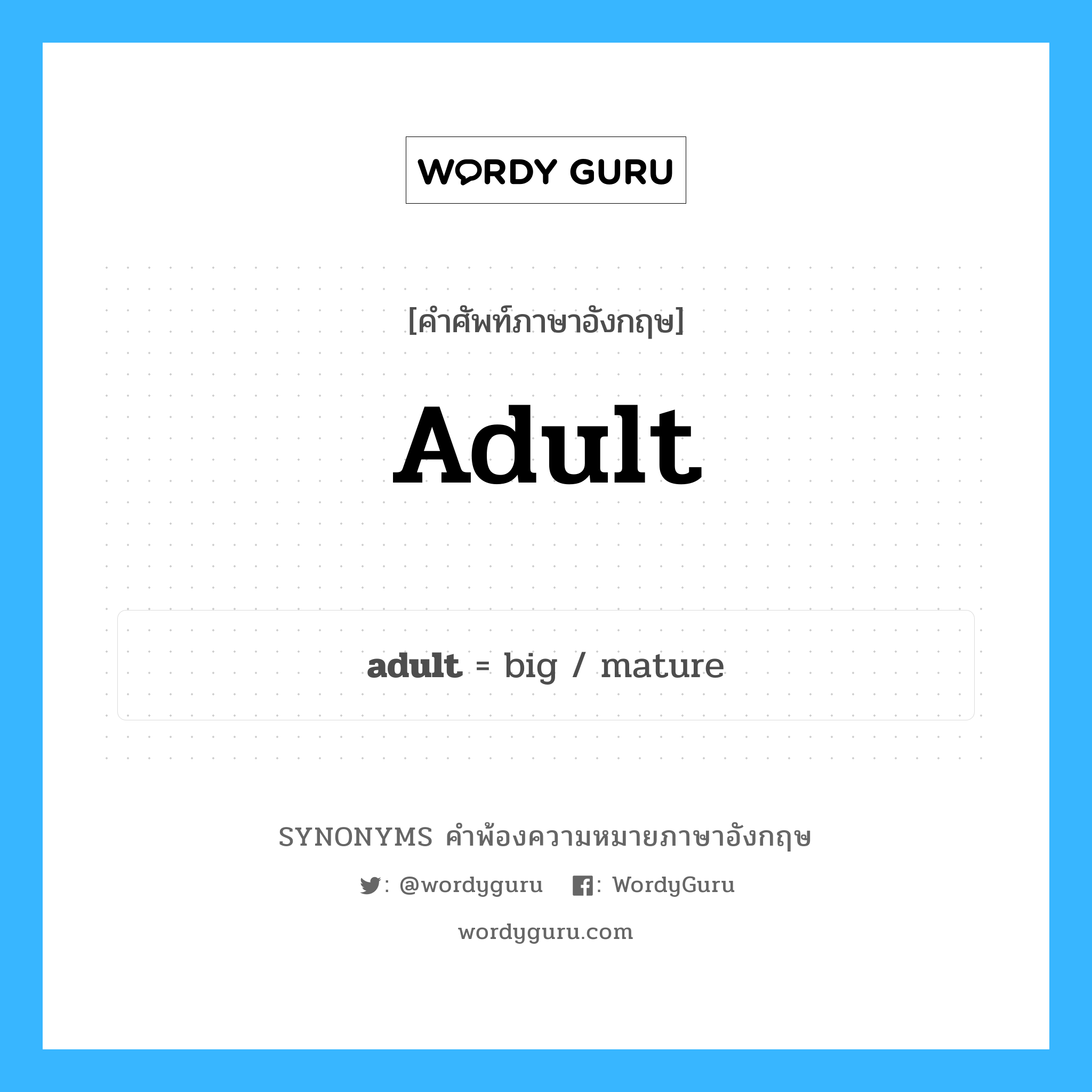 adult คำพ้องความหมายภาษาอังกฤษ พร้อมคำแปลและตัวอย่าง, คำศัพท์ภาษาอังกฤษ adult ความหมายคล้ายกันกับ adult กลุ่มคำ กลุ่มคำนาม แปลว่า ผู้ที่บรรลุนิติภาวะ หมวด adult, กลุ่มคำกริยา, กลุ่มคำคุณศัพท์, กลุ่มคำนาม