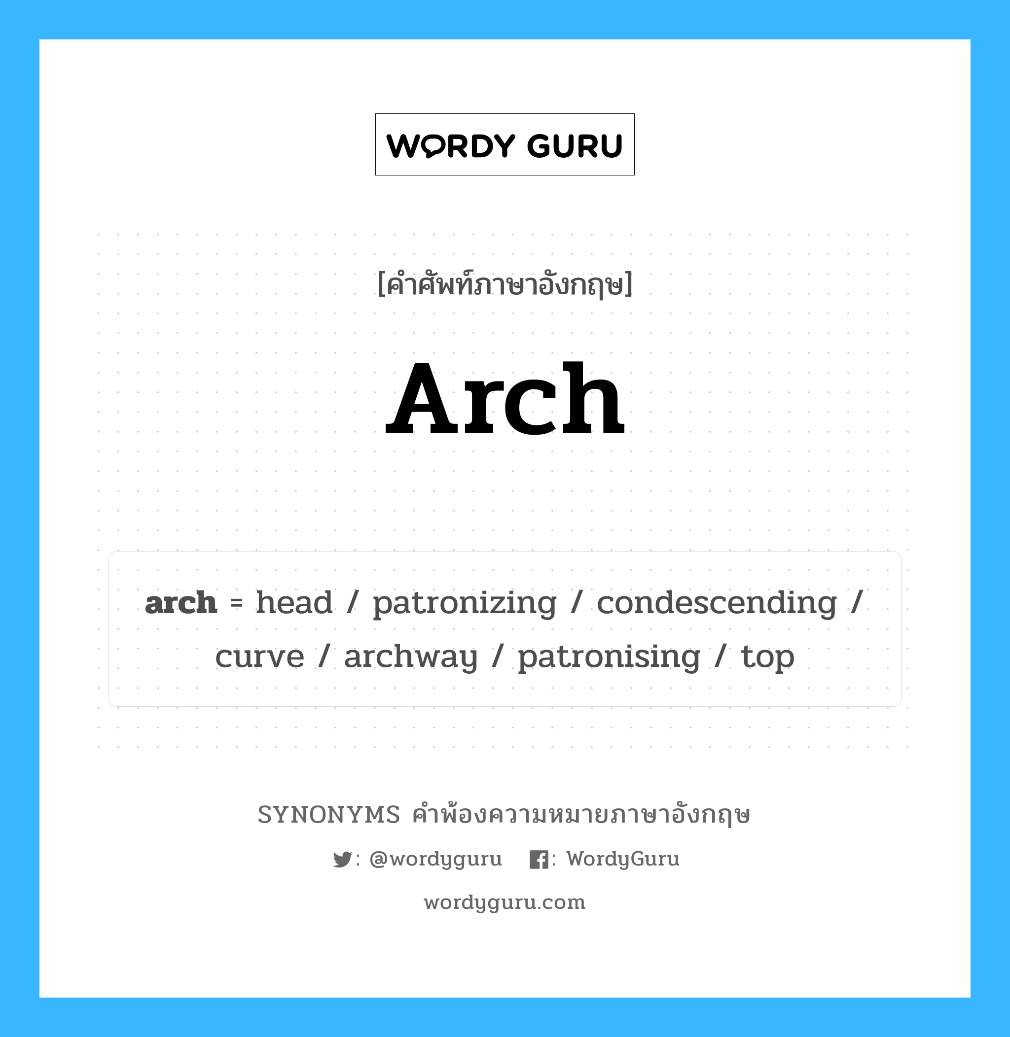 arch คำพ้องความหมายภาษาอังกฤษ พร้อมคำแปลและตัวอย่าง, คำศัพท์ภาษาอังกฤษ arch ความหมายคล้ายกันกับ arch กลุ่มคำ กลุ่มคำนาม แปลว่า ทางเดินใต้ประตูรูปโค้ง, ซุ้มประตู หมวด arch, กลุ่มคำกริยา, กลุ่มคำคุณศัพท์, กลุ่มคำนาม