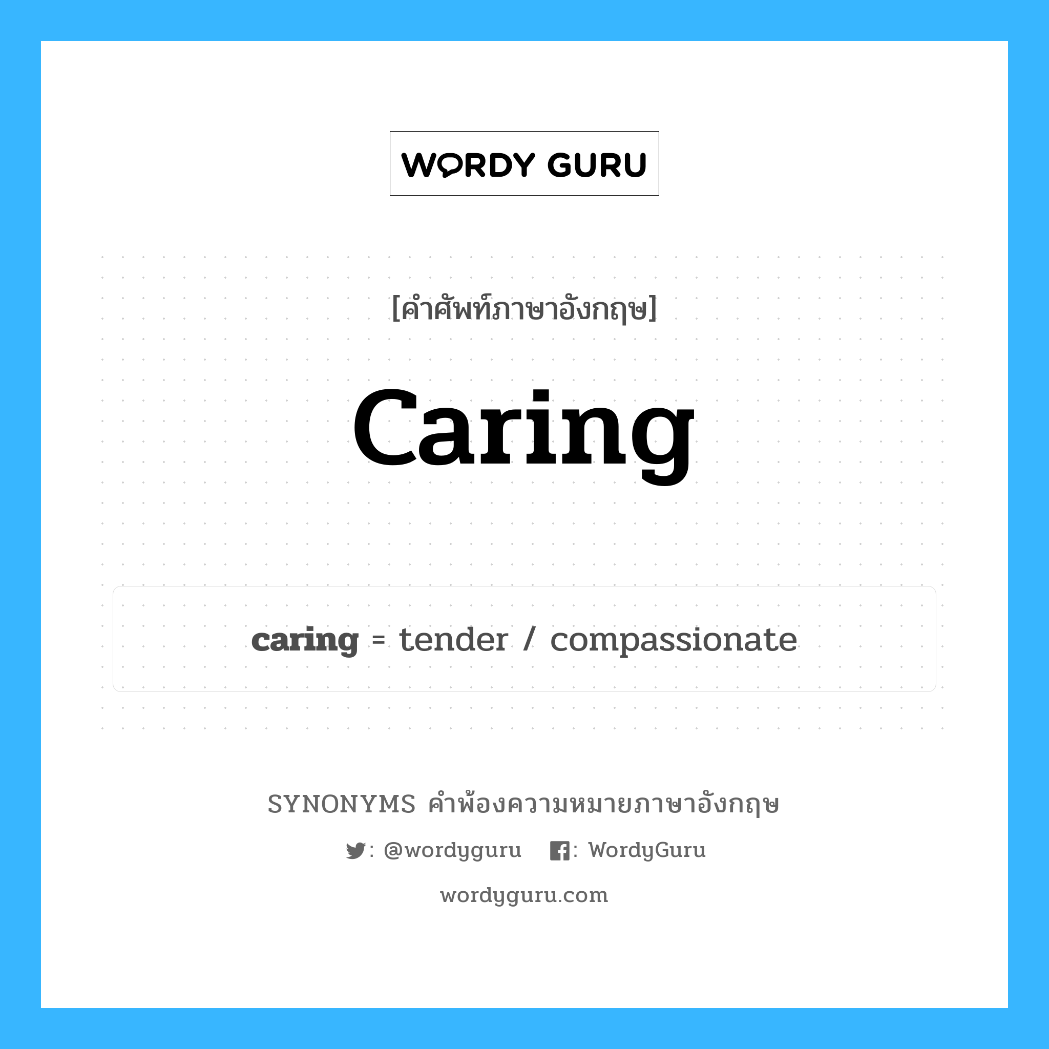 caring คำพ้องความหมายภาษาอังกฤษ พร้อมคำแปลและตัวอย่าง, คำศัพท์ภาษาอังกฤษ caring ความหมายคล้ายกันกับ caring กลุ่มคำ กลุ่มคำนาม แปลว่า ที่ห่วงใยผู้อื่น หมวด caring, กลุ่มคำคุณศัพท์, กลุ่มคำนาม