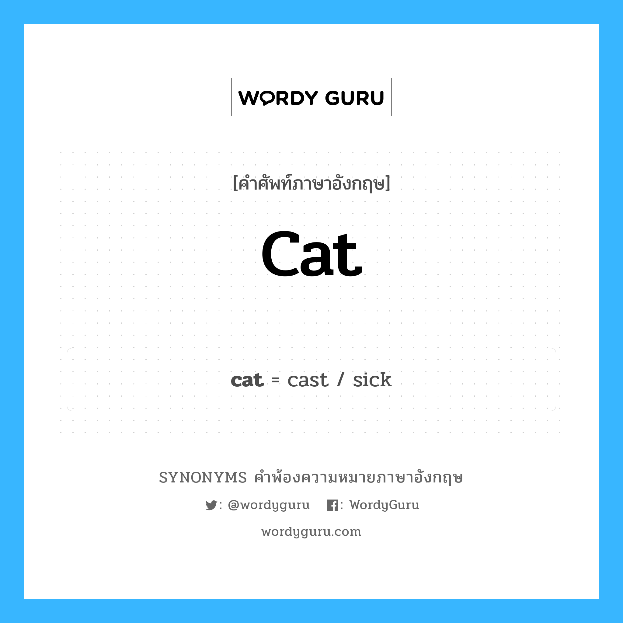 cat คำพ้องความหมายภาษาอังกฤษ พร้อมคำแปลและตัวอย่าง, คำศัพท์ภาษาอังกฤษ cat ความหมายคล้ายกันกับ cat กลุ่มคำ กลุ่มคำนาม แปลว่า แมว หมวด cat, กลุ่มคำกริยา, กลุ่มคำคุณศัพท์, กลุ่มคำนาม