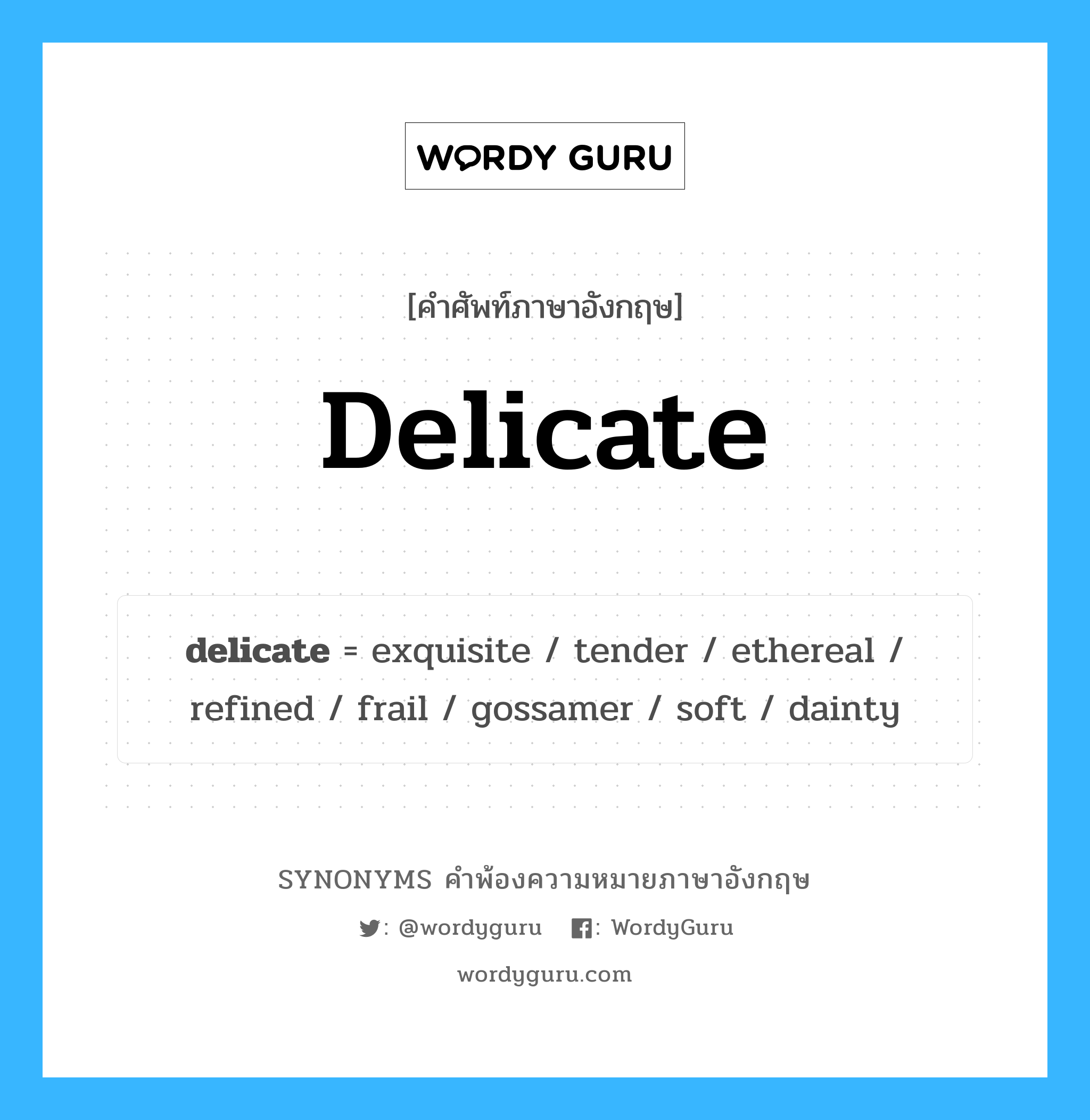 delicate คำพ้องความหมายภาษาอังกฤษ พร้อมคำแปลและตัวอย่าง, คำศัพท์ภาษาอังกฤษ delicate ความหมายคล้ายกันกับ delicate กลุ่มคำ กลุ่มคำคุณศัพท์ แปลว่า ละเอียดอ่อน หมวด delicate, กลุ่มคำคุณศัพท์, กลุ่มคำนาม