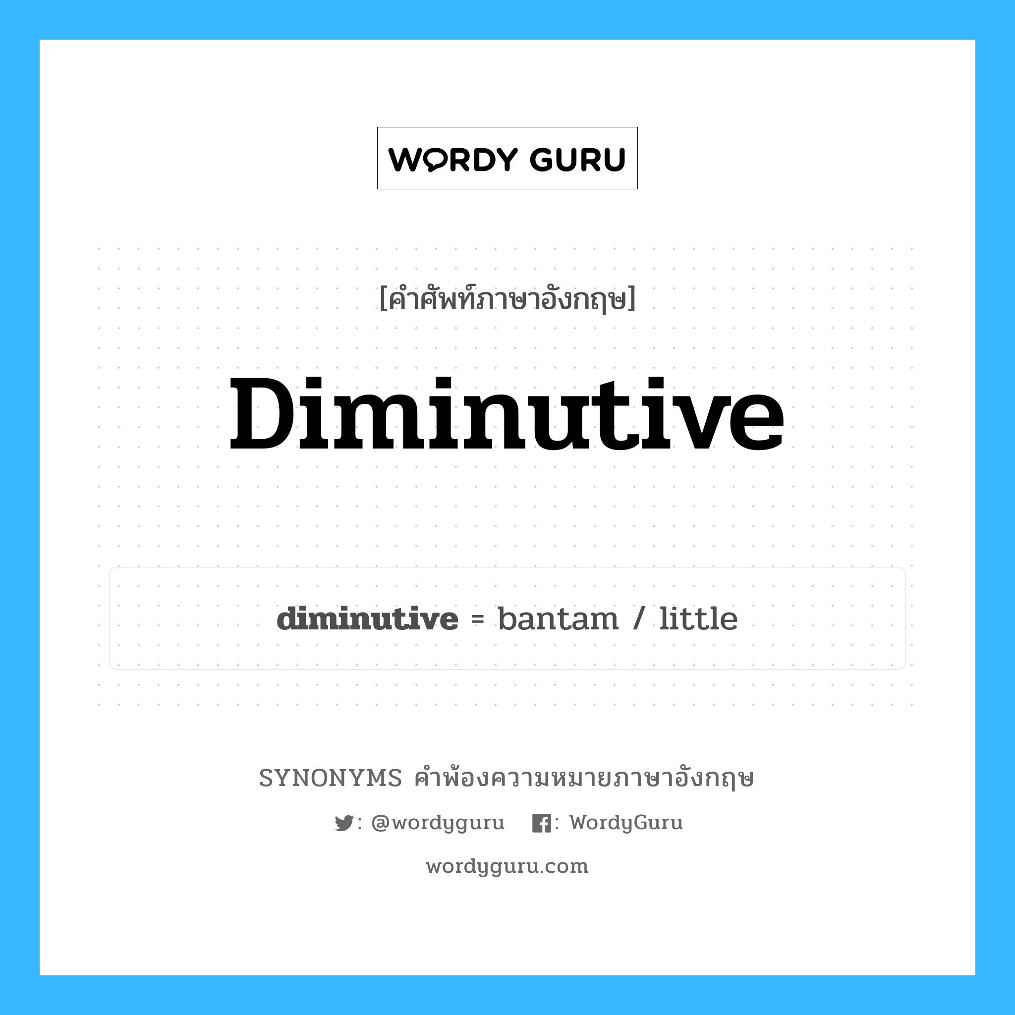 diminutive คำพ้องความหมายภาษาอังกฤษ พร้อมคำแปลและตัวอย่าง, คำศัพท์ภาษาอังกฤษ diminutive ความหมายคล้ายกันกับ diminutive กลุ่มคำ กลุ่มคำคุณศัพท์ แปลว่า เล็กมาก หมวด diminutive, กลุ่มคำคุณศัพท์, กลุ่มคำนาม