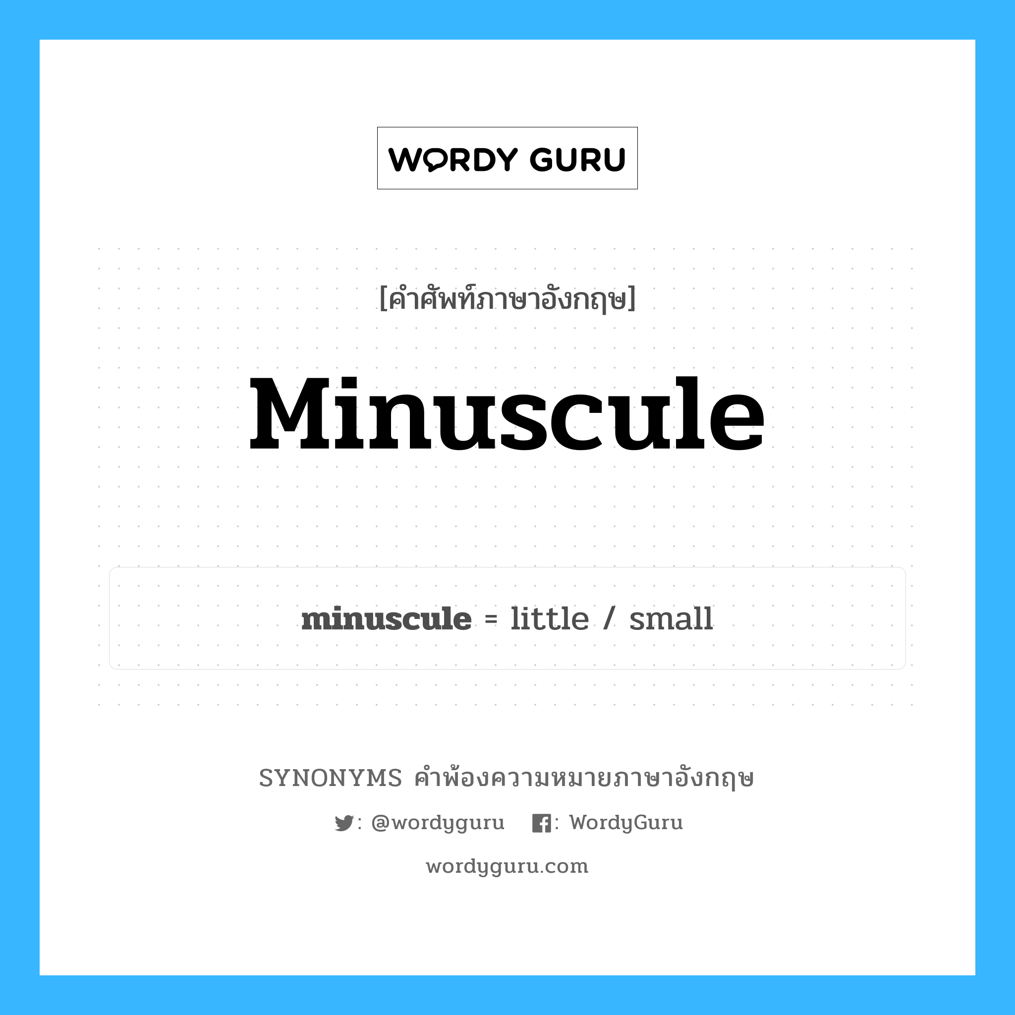 minuscule คำพ้องความหมายภาษาอังกฤษ พร้อมคำแปลและตัวอย่าง, คำศัพท์ภาษาอังกฤษ minuscule ความหมายคล้ายกันกับ minuscule กลุ่มคำ กลุ่มคำคุณศัพท์ แปลว่า เล็กมาก, จิ๋ว หมวด minuscule, กลุ่มคำคุณศัพท์, กลุ่มคำนาม