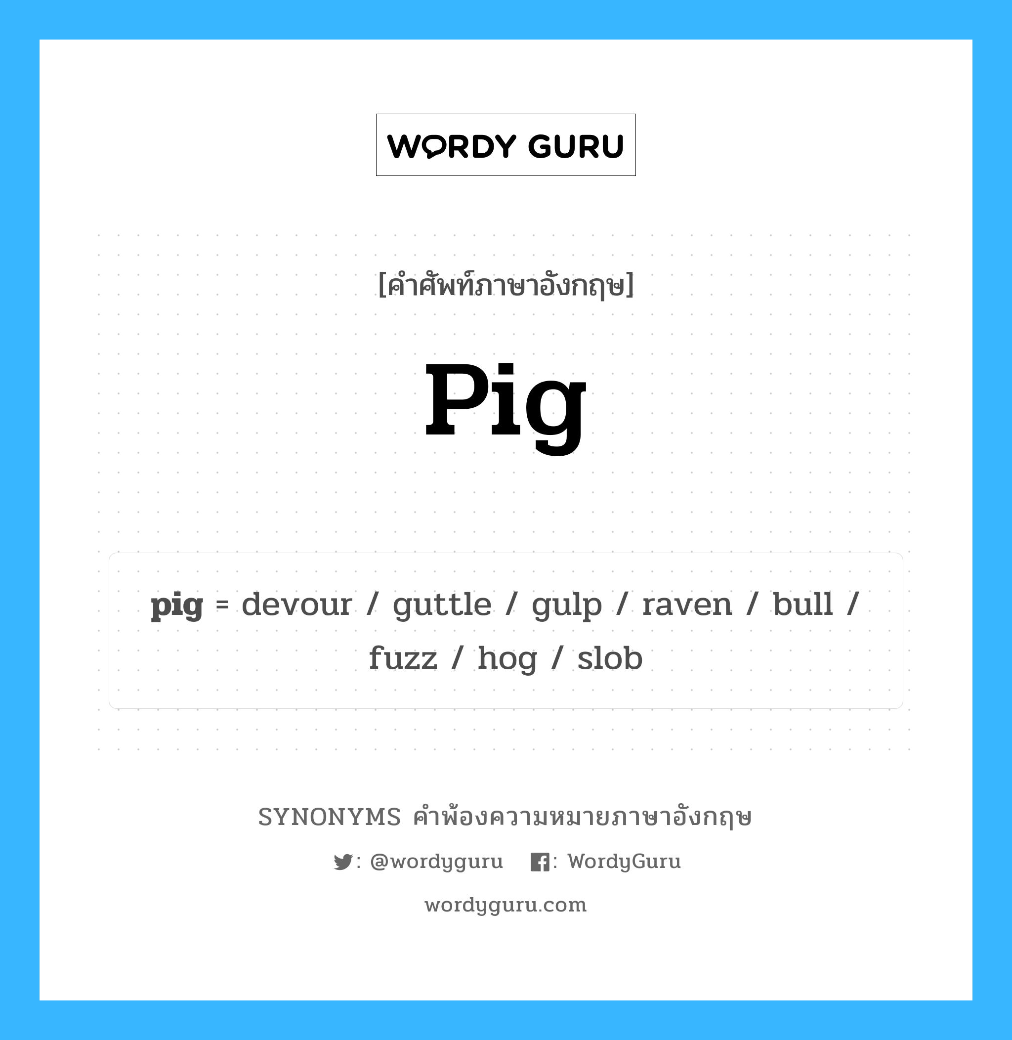 pig คำพ้องความหมายภาษาอังกฤษ พร้อมคำแปลและตัวอย่าง, คำศัพท์ภาษาอังกฤษ pig ความหมายคล้ายกันกับ pig กลุ่มคำ กลุ่มคำนาม แปลว่า หมู หมวด pig, กลุ่มคำกริยา, กลุ่มคำนาม