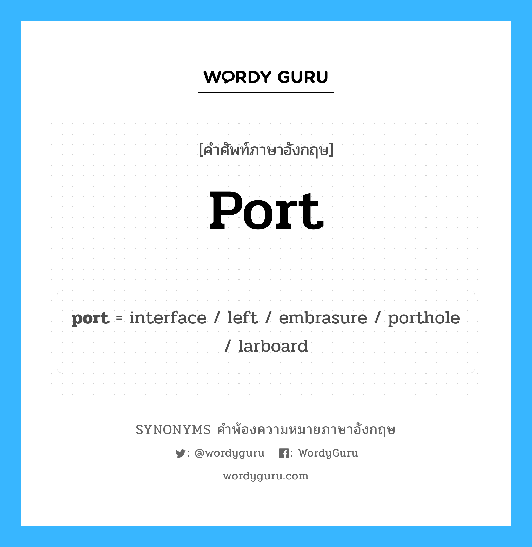 port คำพ้องความหมายภาษาอังกฤษ พร้อมคำแปลและตัวอย่าง, คำศัพท์ภาษาอังกฤษ port ความหมายคล้ายกันกับ port กลุ่มคำ กลุ่มคำนาม แปลว่า พอร์ต หมวด port, กลุ่มคำกริยา, กลุ่มคำคุณศัพท์, กลุ่มคำนาม