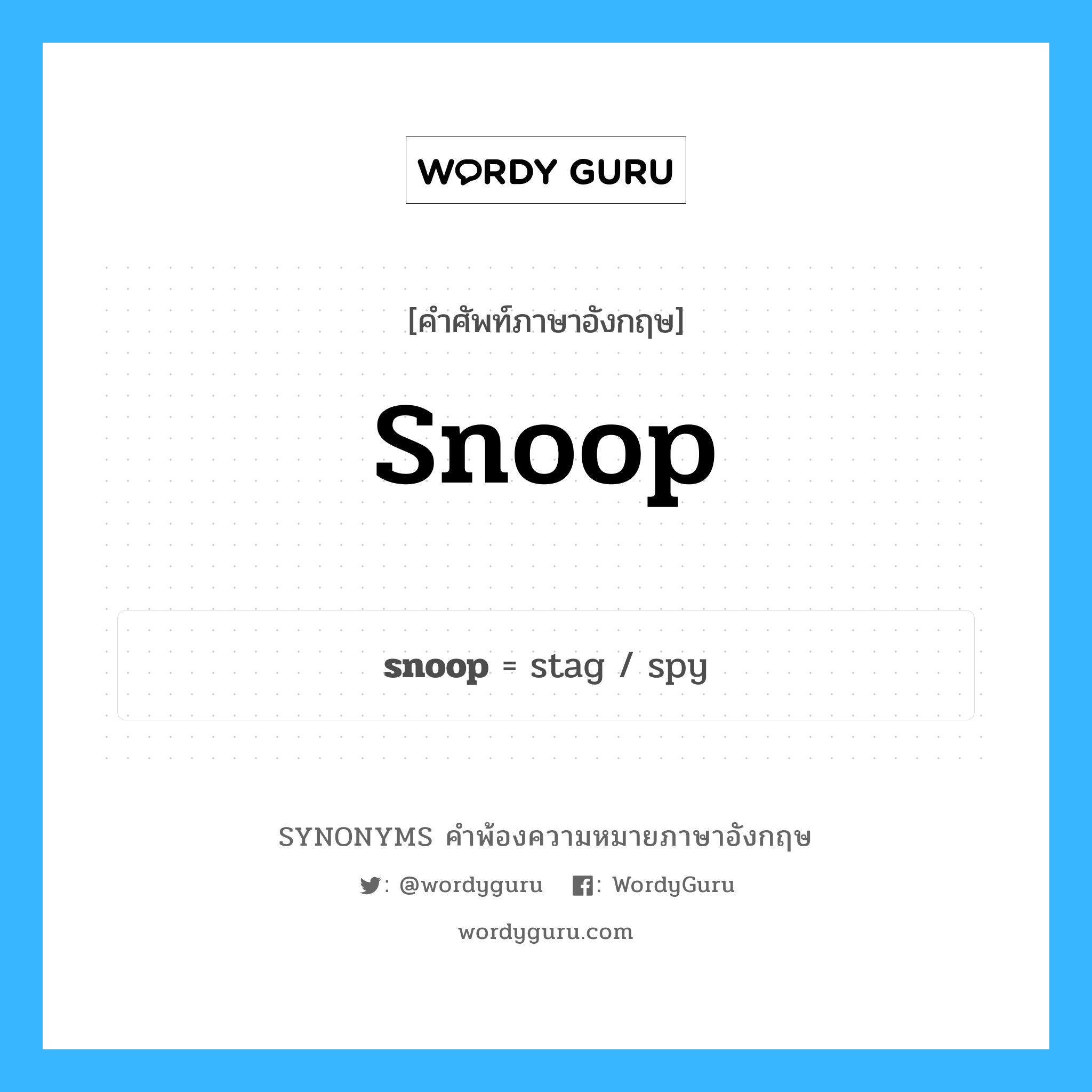 snoop คำพ้องความหมายภาษาอังกฤษ พร้อมคำแปลและตัวอย่าง, คำศัพท์ภาษาอังกฤษ snoop ความหมายคล้ายกันกับ snoop กลุ่มคำ กลุ่มคำนาม แปลว่า สอดรู้สอดเห็น หมวด snoop, กลุ่มคำกริยา, กลุ่มคำนาม