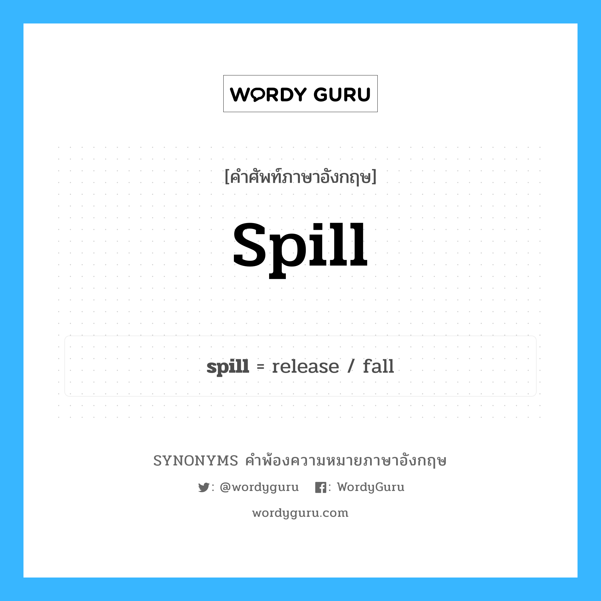 spill คำพ้องความหมายภาษาอังกฤษ พร้อมคำแปลและตัวอย่าง, คำศัพท์ภาษาอังกฤษ spill ความหมายคล้ายกันกับ spill กลุ่มคำ กลุ่มคำนาม แปลว่า หก หมวด spill, กลุ่มคำกริยา, กลุ่มคำนาม