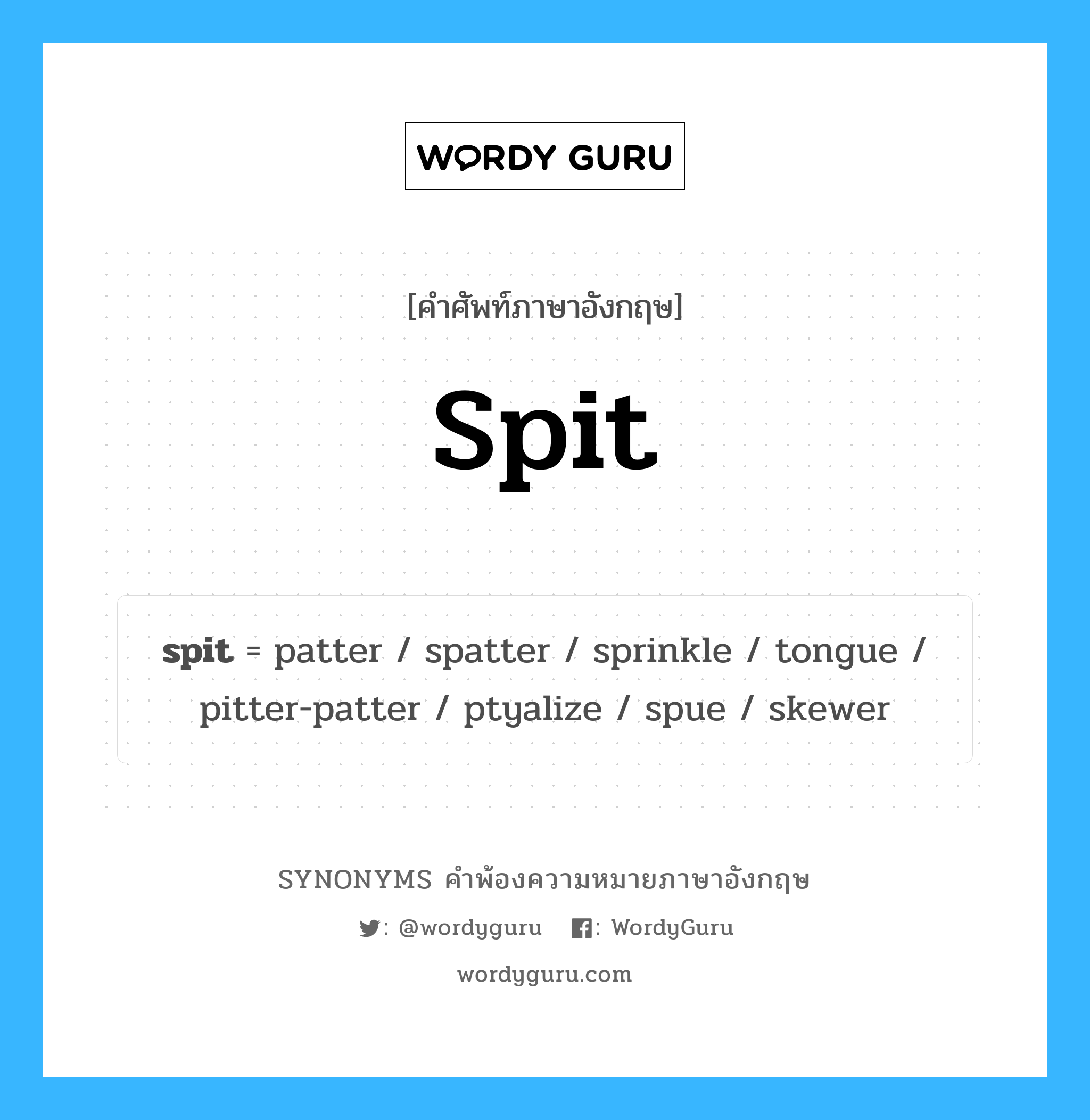 spit คำพ้องความหมายภาษาอังกฤษ พร้อมคำแปลและตัวอย่าง, คำศัพท์ภาษาอังกฤษ spit ความหมายคล้ายกันกับ spit กลุ่มคำ กลุ่มคำกริยา แปลว่า บ้วนน้ำลาย, ถ่มน้ำลาย หมวด spit, กลุ่มคำกริยา, กลุ่มคำนาม