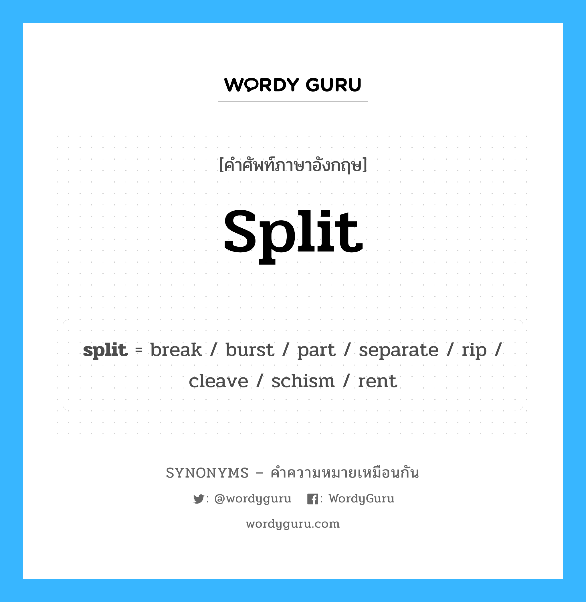 split คำพ้องความหมายภาษาอังกฤษ พร้อมคำแปลและตัวอย่าง, คำศัพท์ภาษาอังกฤษ split ความหมายคล้ายกันกับ split กลุ่มคำ กลุ่มคำกริยา แปลว่า รอยแตก หมวด split, กลุ่มคำกริยา, กลุ่มคำคุณศัพท์, กลุ่มคำนาม