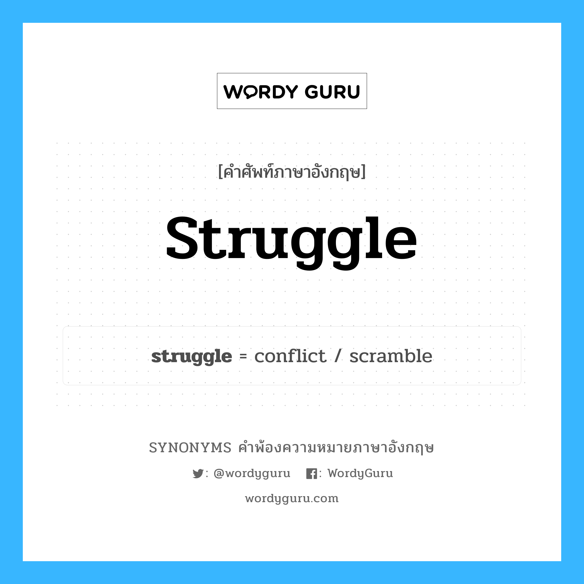 struggle คำพ้องความหมายภาษาอังกฤษ พร้อมคำแปลและตัวอย่าง, คำศัพท์ภาษาอังกฤษ struggle ความหมายคล้ายกันกับ struggle กลุ่มคำ กลุ่มคำนาม แปลว่า ความพยายาม หมวด struggle, กลุ่มคำกริยา, กลุ่มคำนาม