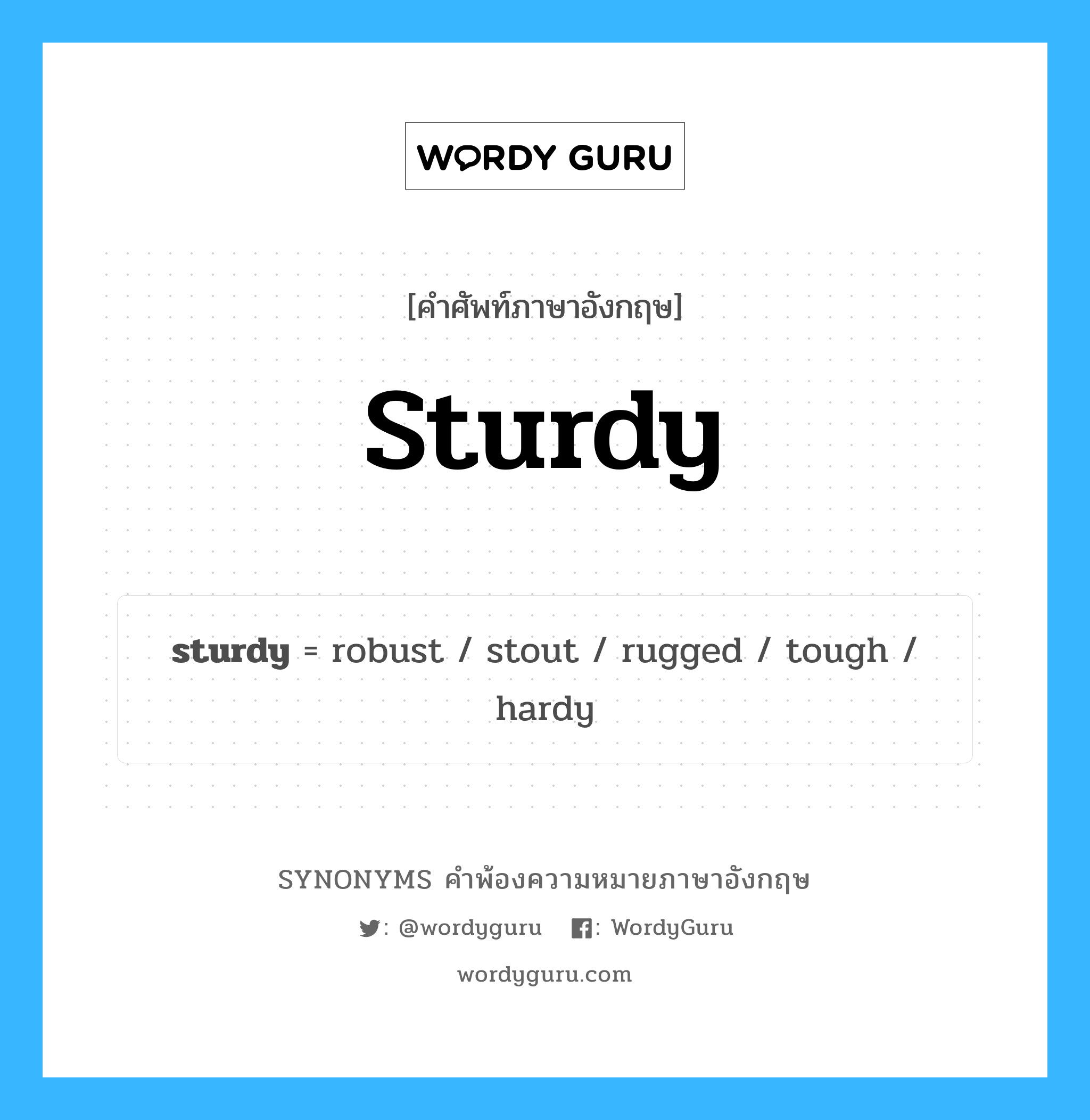 sturdy คำพ้องความหมายภาษาอังกฤษ พร้อมคำแปลและตัวอย่าง, คำศัพท์ภาษาอังกฤษ sturdy ความหมายคล้ายกันกับ sturdy กลุ่มคำ กลุ่มคำคุณศัพท์ แปลว่า เด็ดเดี่ยว, หนักแน่น หมวด sturdy, กลุ่มคำคุณศัพท์, กลุ่มคำนาม