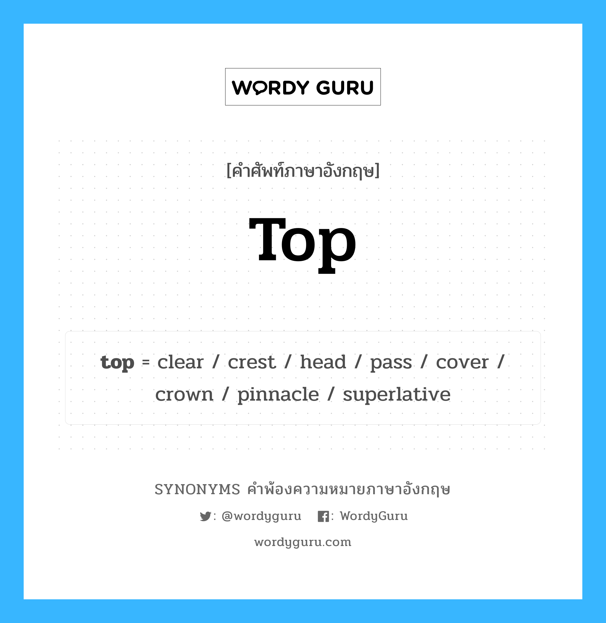 top คำพ้องความหมายภาษาอังกฤษ พร้อมคำแปลและตัวอย่าง, คำศัพท์ภาษาอังกฤษ top ความหมายคล้ายกันกับ top กลุ่มคำ กลุ่มคำนาม แปลว่า ด้านบน หมวด top, กลุ่มคำกริยา, กลุ่มคำคุณศัพท์, กลุ่มคำนาม