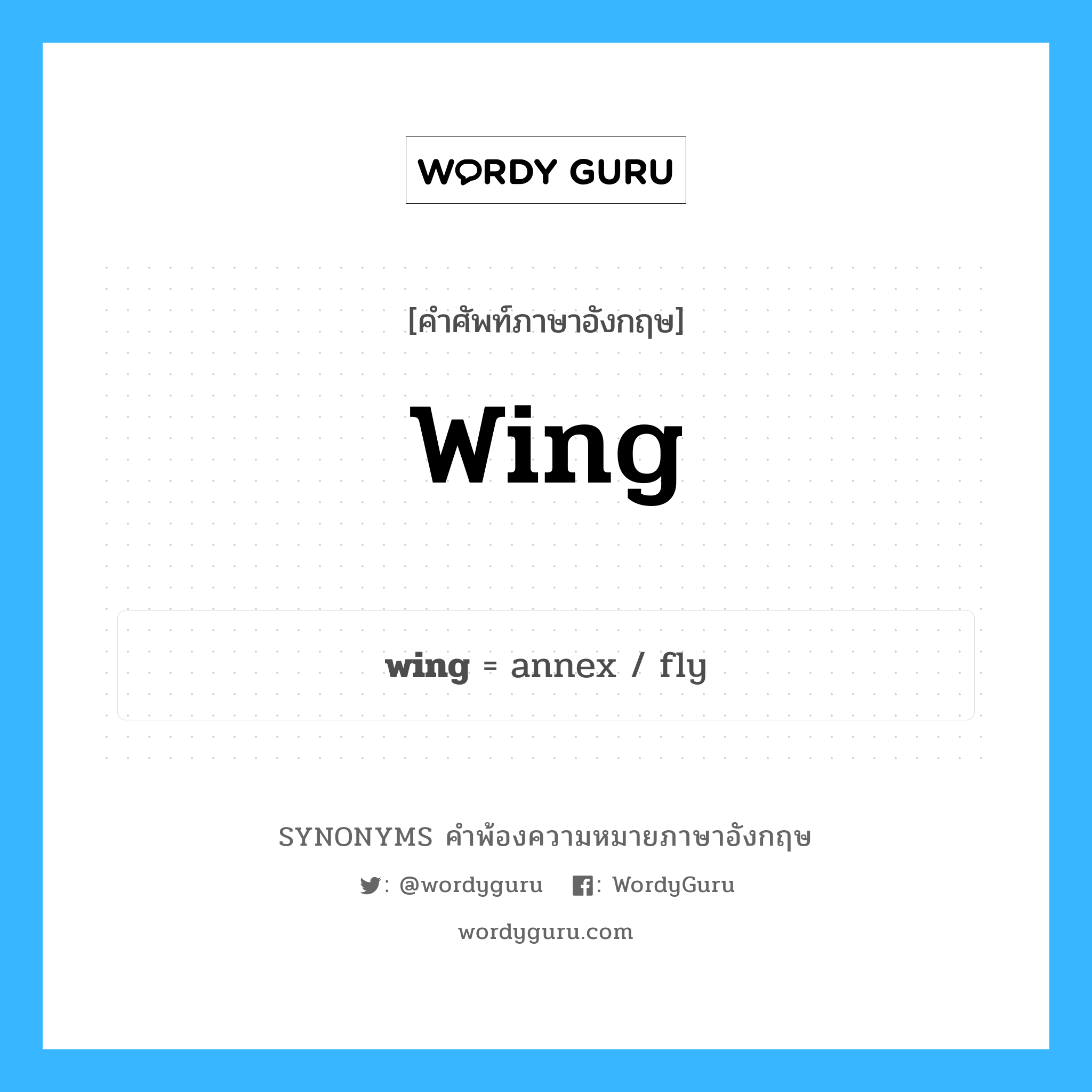 wing คำพ้องความหมายภาษาอังกฤษ พร้อมคำแปลและตัวอย่าง, คำศัพท์ภาษาอังกฤษ wing ความหมายคล้ายกันกับ wing กลุ่มคำ กลุ่มคำนาม แปลว่า ปีกนก หมวด wing, กลุ่มคำกริยา, กลุ่มคำนาม