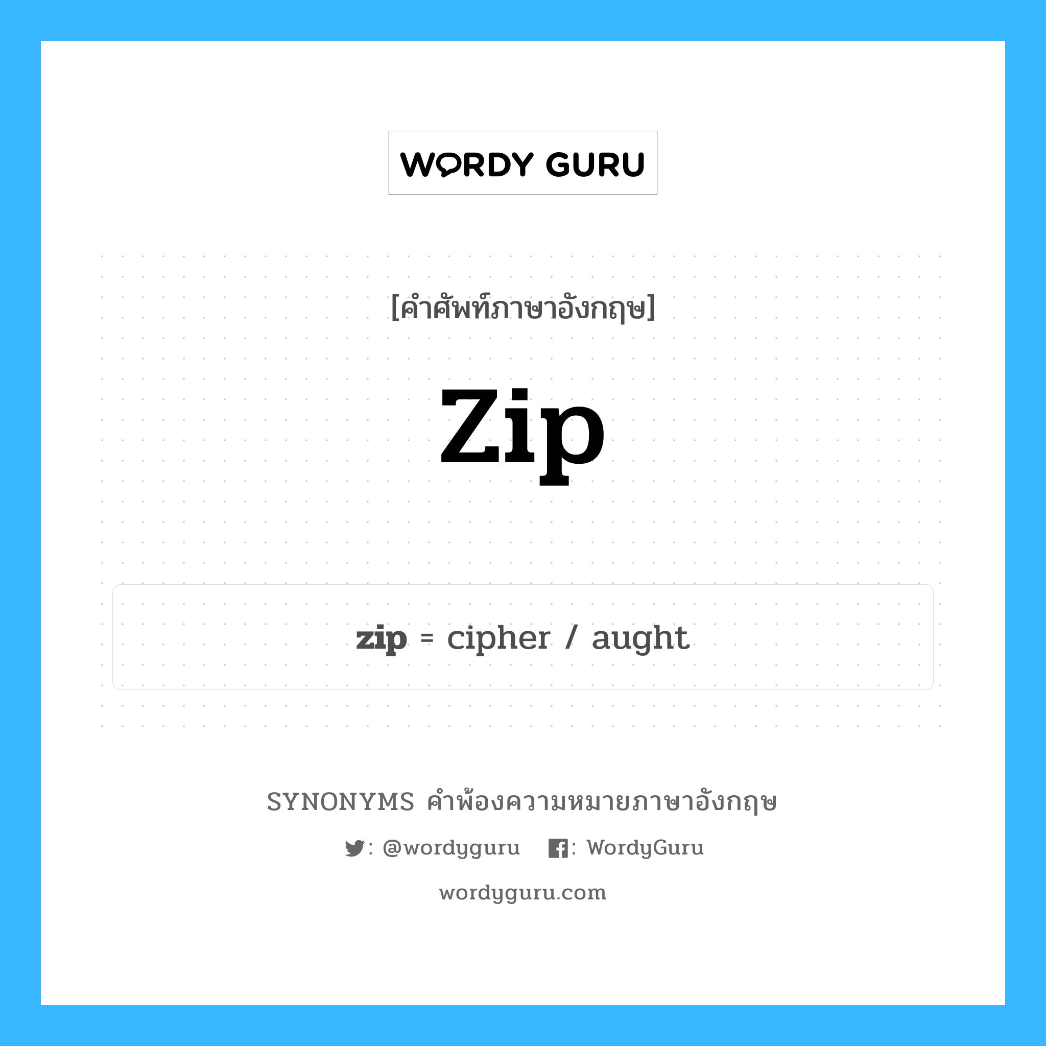 zip คำพ้องความหมายภาษาอังกฤษ พร้อมคำแปลและตัวอย่าง, คำศัพท์ภาษาอังกฤษ zip ความหมายคล้ายกันกับ zip กลุ่มคำ กลุ่มคำนาม แปลว่า ซิป, ที่รูดปิดเปิดทำด้วยโลหะสำหรับติดเสื้อผ้า หมวด zip, กลุ่มคำกริยา, กลุ่มคำนาม