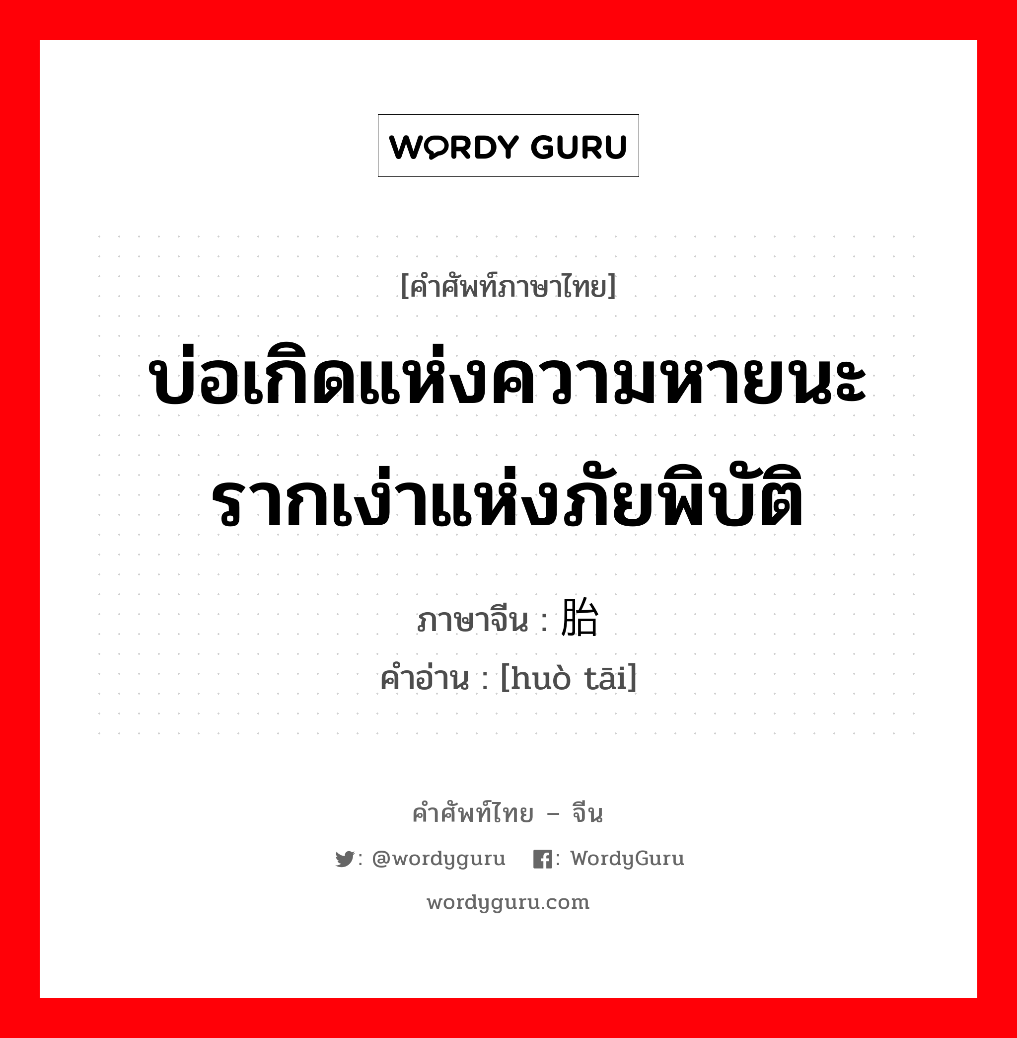 บ่อเกิดแห่งความหายนะ รากเง่าแห่งภัยพิบัติ ภาษาจีนคืออะไร, คำศัพท์ภาษาไทย - จีน บ่อเกิดแห่งความหายนะ รากเง่าแห่งภัยพิบัติ ภาษาจีน 祸胎 คำอ่าน [huò tāi]