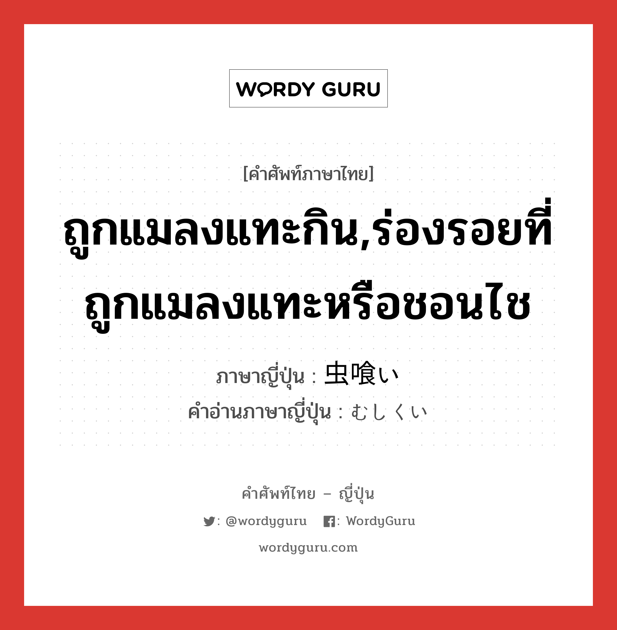 ถูกแมลงแทะกิน,ร่องรอยที่ถูกแมลงแทะหรือชอนไช ภาษาญี่ปุ่นคืออะไร, คำศัพท์ภาษาไทย - ญี่ปุ่น ถูกแมลงแทะกิน,ร่องรอยที่ถูกแมลงแทะหรือชอนไช ภาษาญี่ปุ่น 虫喰い คำอ่านภาษาญี่ปุ่น むしくい หมวด n หมวด n