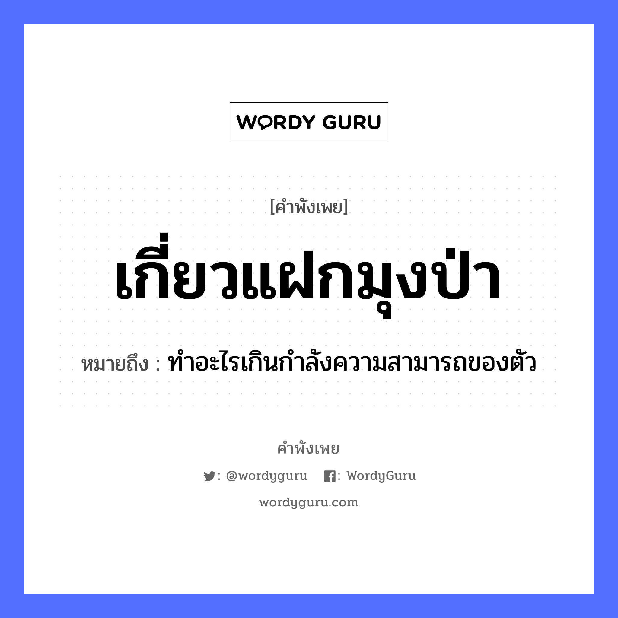 เกี่ยวแฝกมุงป่า ความหมายคือ?, คำพังเพย เกี่ยวแฝกมุงป่า หมายถึง ทําอะไรเกินกําลังความสามารถของตัว พืช แฝก คำกริยา เกี่ยว, มุง ธรรมชาติ ป่า หมวด คำพังเพย
