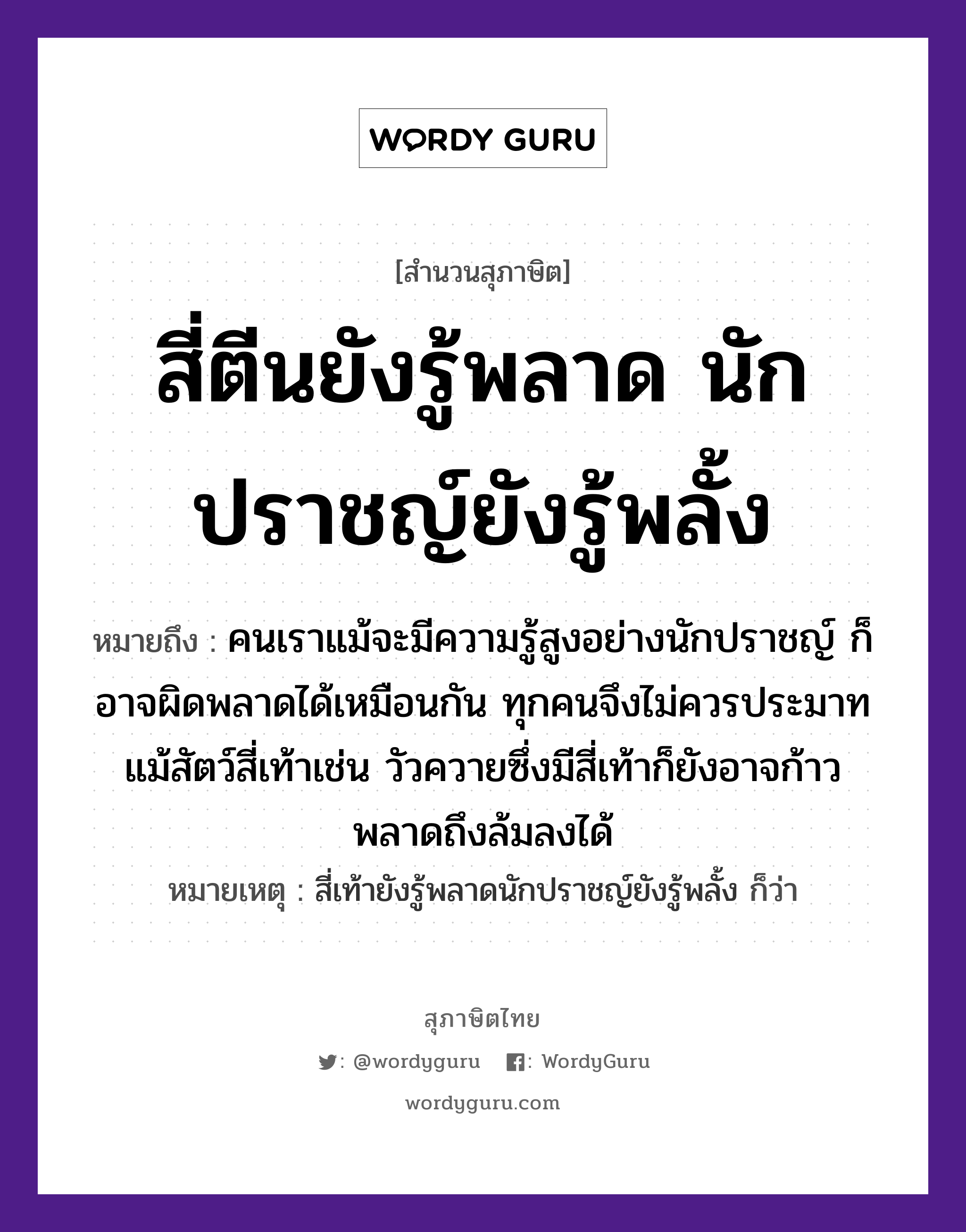 สี่ตีนยังรู้พลาด นักปราชญ์ยังรู้พลั้ง ความหมายคืออะไร ใช้ยังไง, สํานวนสุภาษิต สี่ตีนยังรู้พลาด นักปราชญ์ยังรู้พลั้ง หมายถึง คนเราแม้จะมีความรู้สูงอย่างนักปราชญ์ ก็อาจผิดพลาดได้เหมือนกัน ทุกคนจึงไม่ควรประมาท แม้สัตว์สี่เท้าเช่น วัวควายซึ่งมีสี่เท้าก็ยังอาจก้าวพลาดถึงล้มลงได้ หมายเหตุ สี่เท้ายังรู้พลาดนักปราชญ์ยังรู้พลั้ง ก็ว่า บุคคล นักปราชญ์ สัตว์ สี่ตีน คำกริยา พลาด, พลั้ง หมวด สุภาษิต