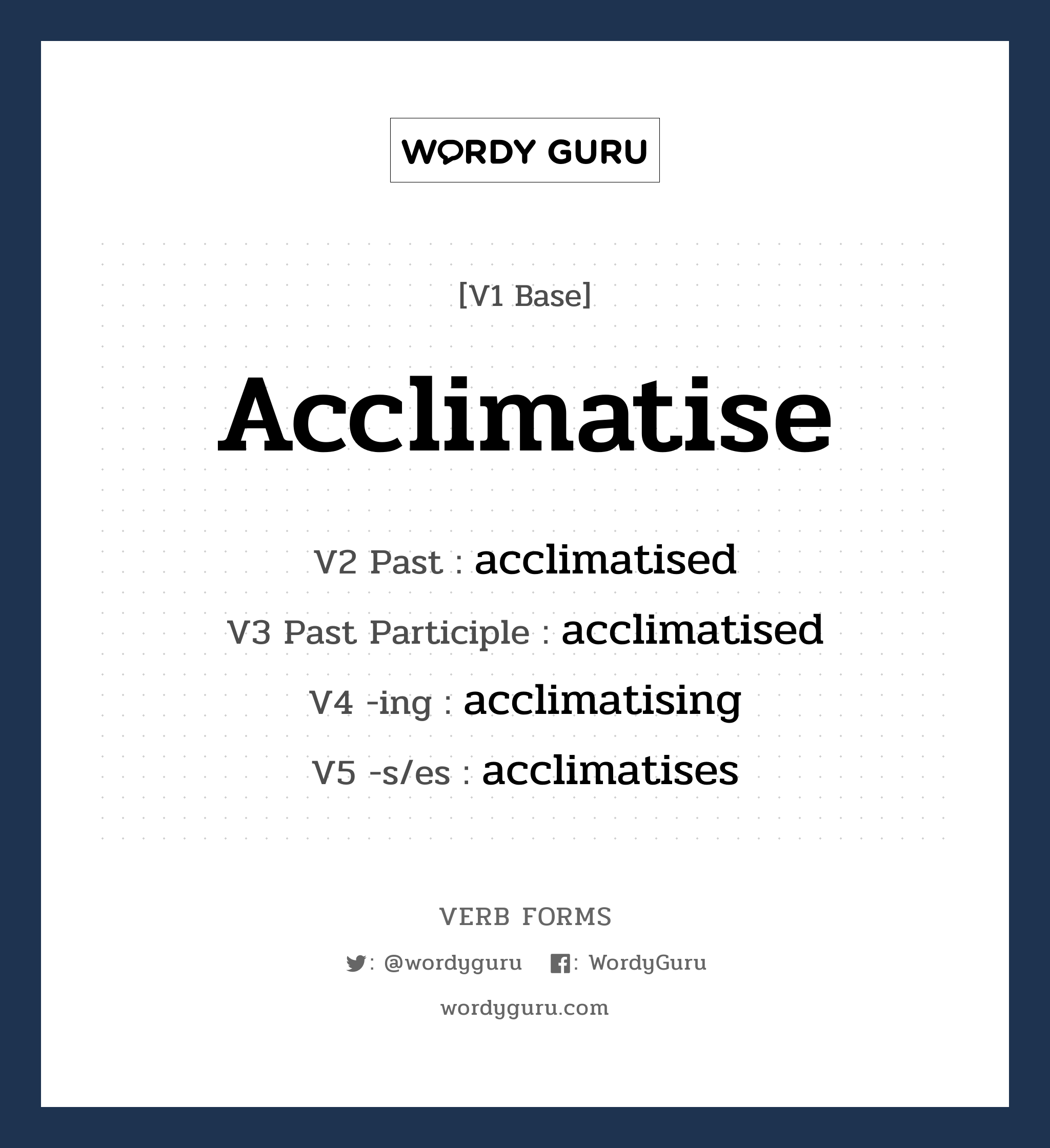 acclimatise คำกริยาคืออะไร, V1 Base acclimatise V2 Past acclimatised V3 Past Participle acclimatised V4 -ing acclimatising V5 -s/es acclimatises หมวด base-form, regular