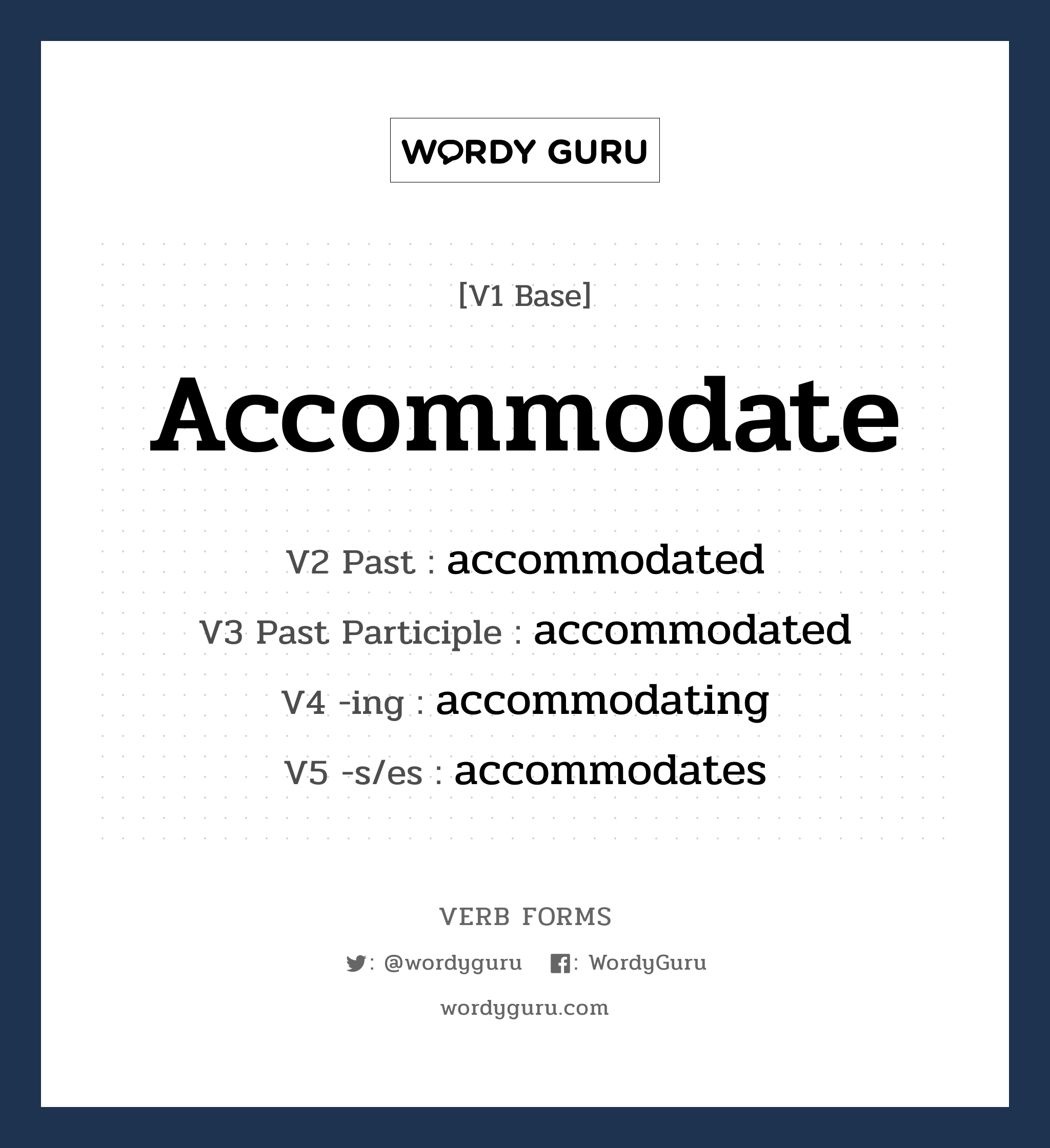 accommodate คำกริยาคืออะไร, V1 Base accommodate V2 Past accommodated V3 Past Participle accommodated V4 -ing accommodating V5 -s/es accommodates หมวด base-form, regular