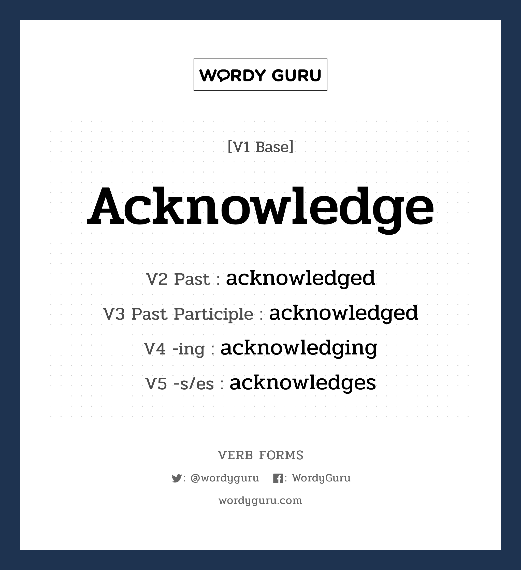 acknowledge คำกริยาคืออะไร, V1 Base acknowledge V2 Past acknowledged V3 Past Participle acknowledged V4 -ing acknowledging V5 -s/es acknowledges หมวด base-form, regular