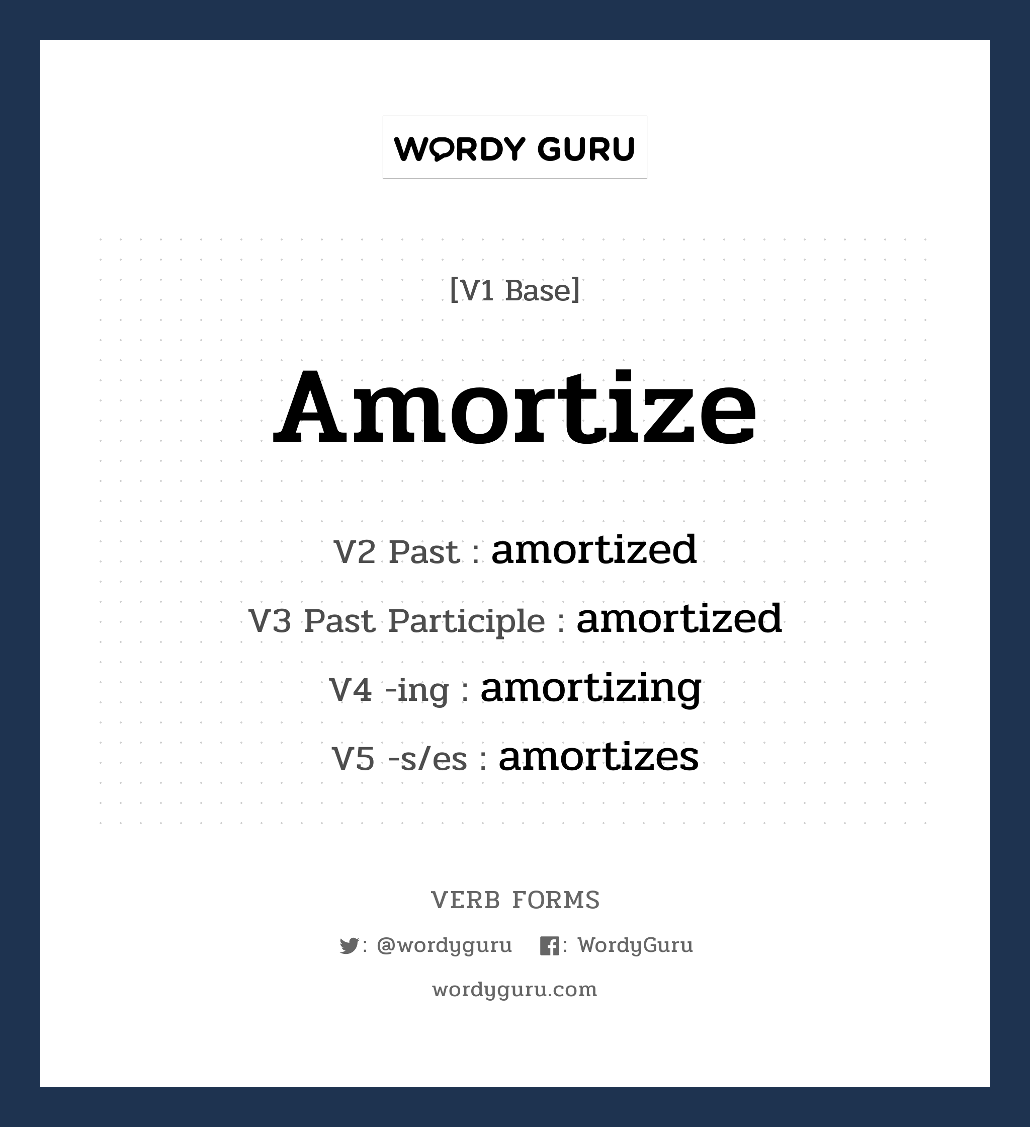 amortize คำกริยาคืออะไร, V1 Base amortize V2 Past amortized V3 Past Participle amortized V4 -ing amortizing V5 -s/es amortizes หมวด base-form, regular