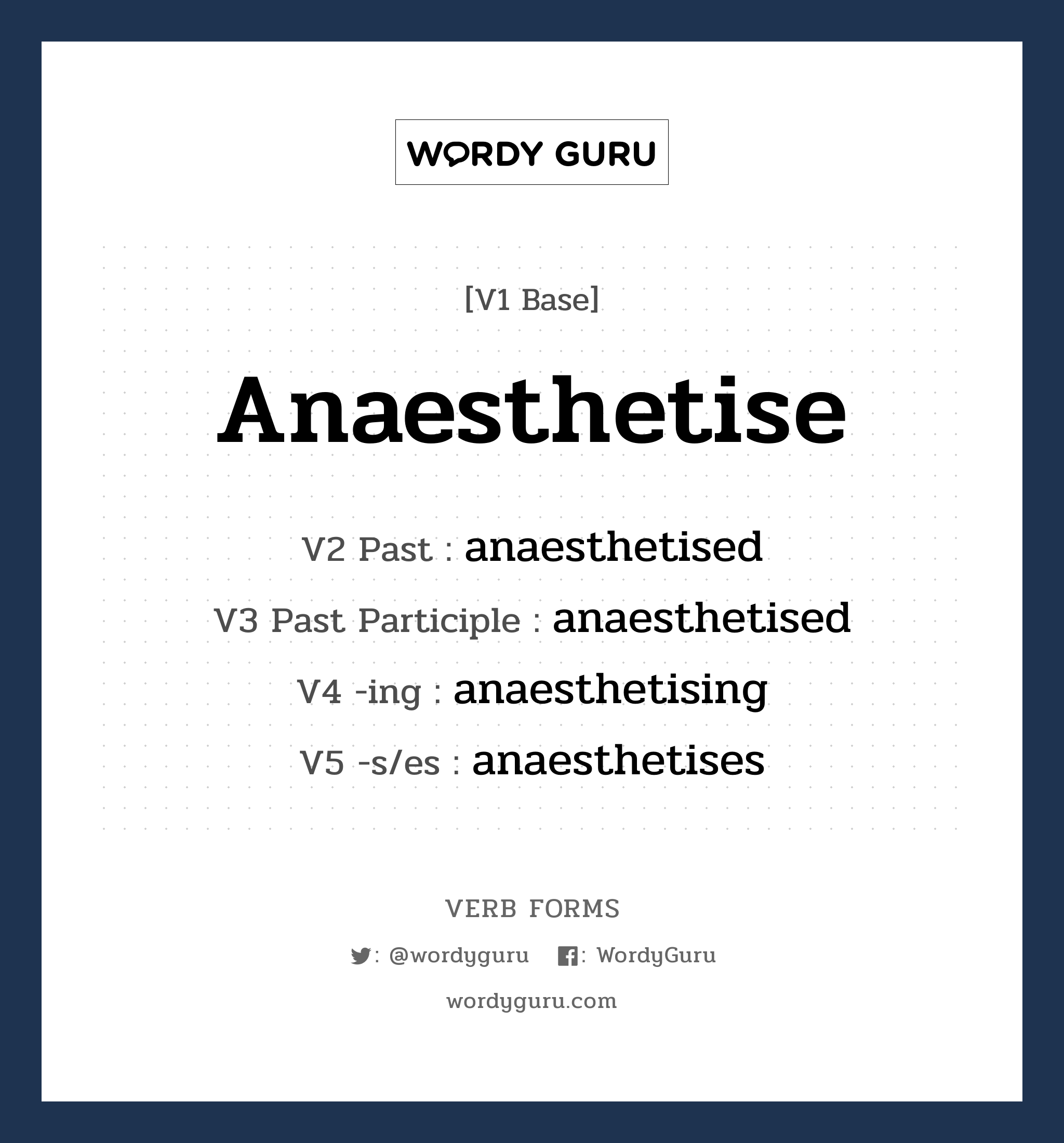 anaesthetise คำกริยาคืออะไร, V1 Base anaesthetise V2 Past anaesthetised V3 Past Participle anaesthetised V4 -ing anaesthetising V5 -s/es anaesthetises หมวด base-form, regular