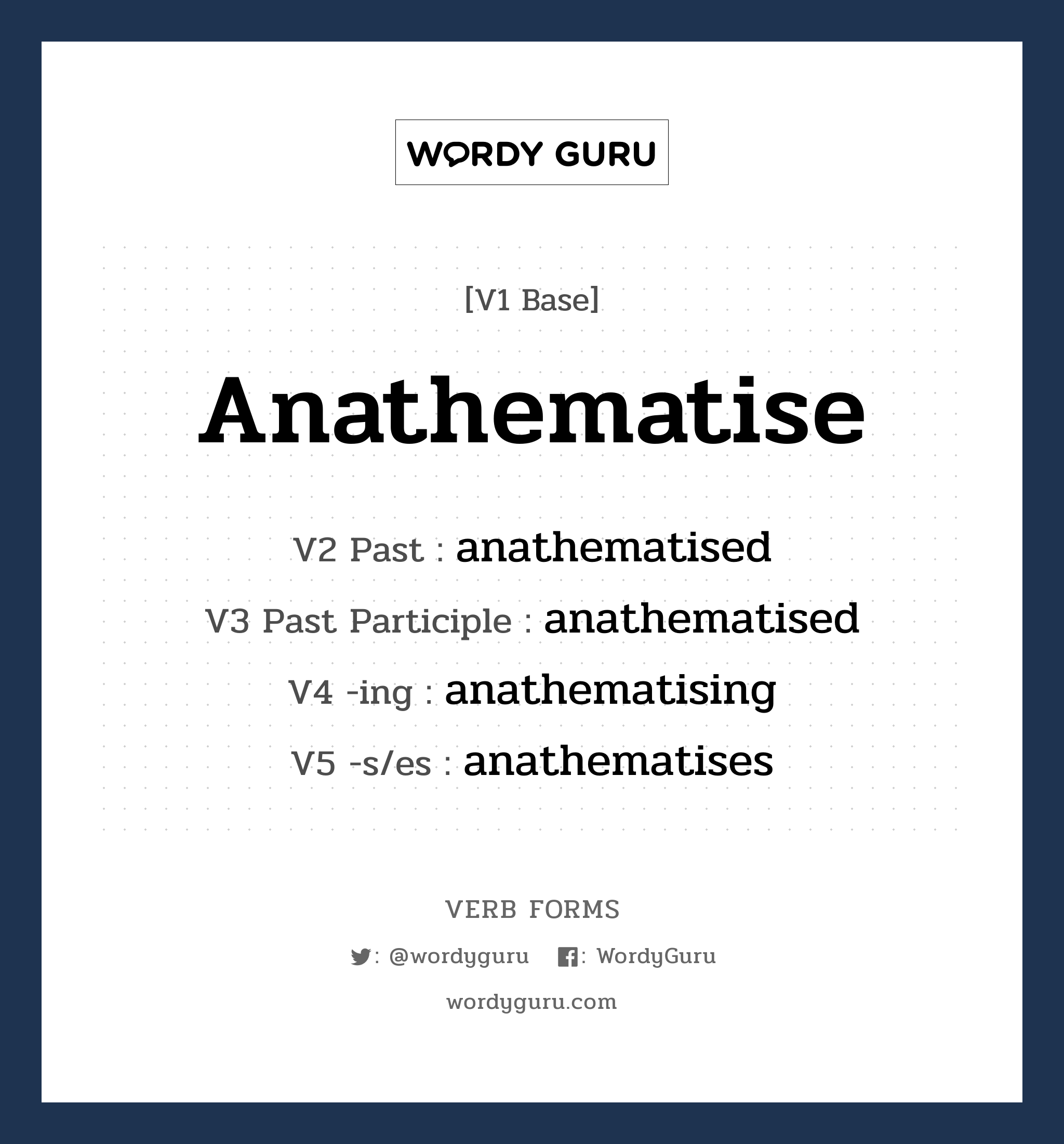 anathematise คำกริยาคืออะไร, V1 Base anathematise V2 Past anathematised V3 Past Participle anathematised V4 -ing anathematising V5 -s/es anathematises หมวด base-form, regular