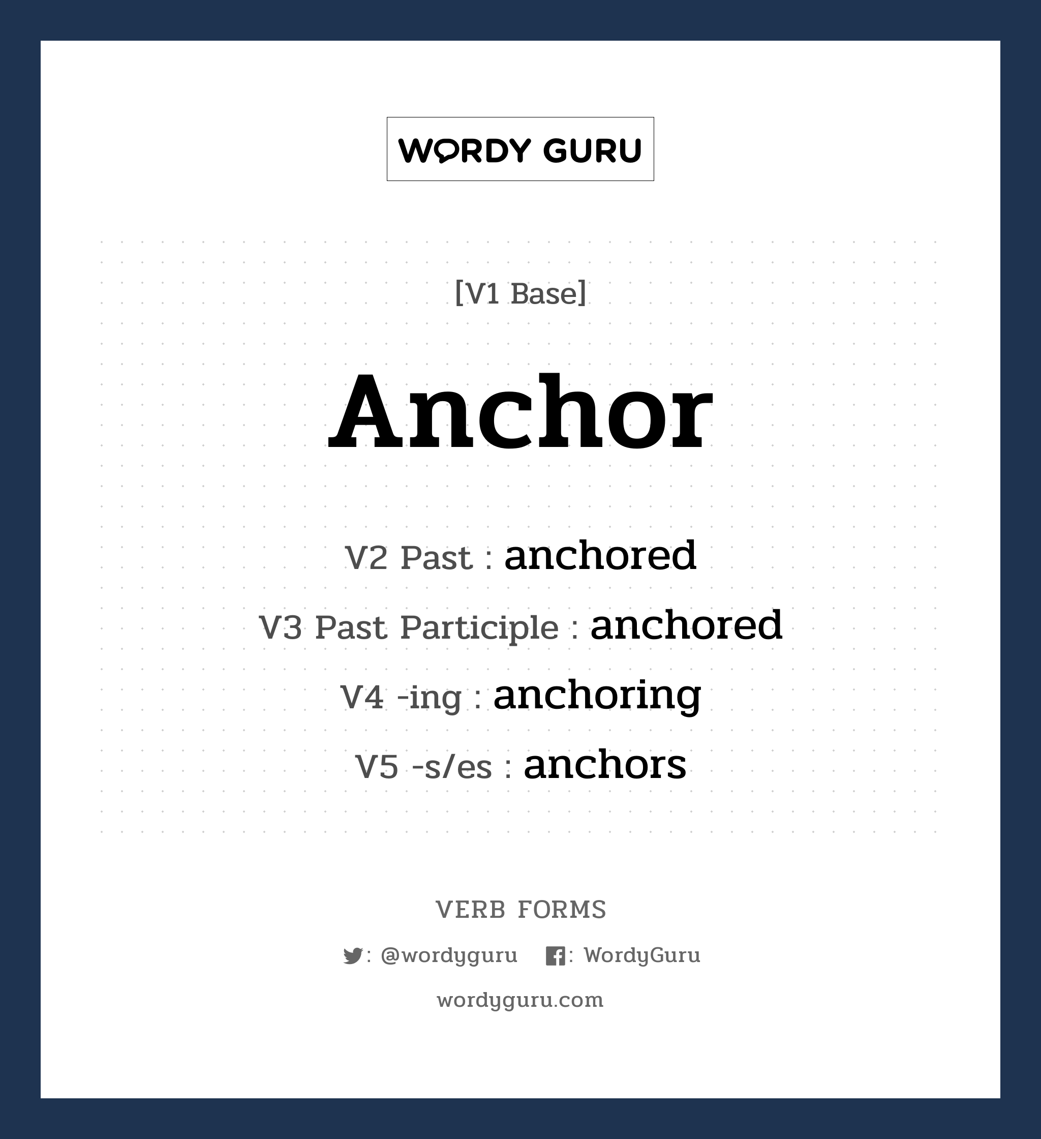anchor คำกริยาคืออะไร, V1 Base anchor V2 Past anchored V3 Past Participle anchored V4 -ing anchoring V5 -s/es anchors หมวด base-form, regular
