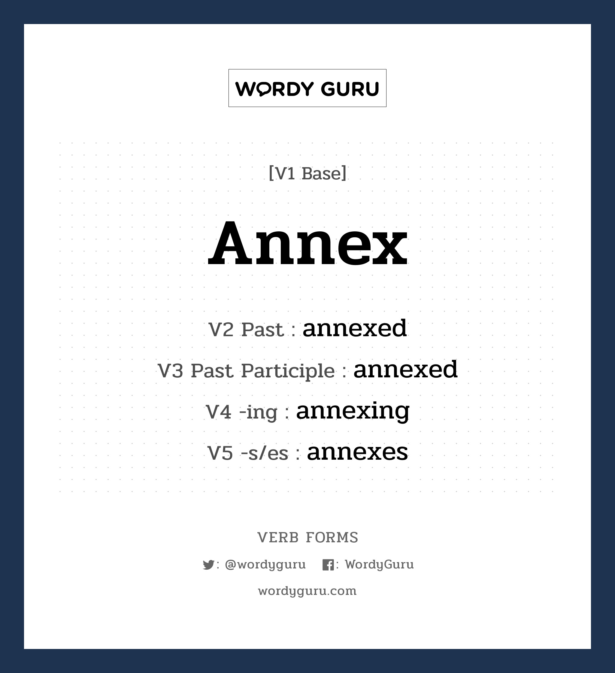 annex คำกริยาคืออะไร, V1 Base annex V2 Past annexed V3 Past Participle annexed V4 -ing annexing V5 -s/es annexes หมวด base-form, regular