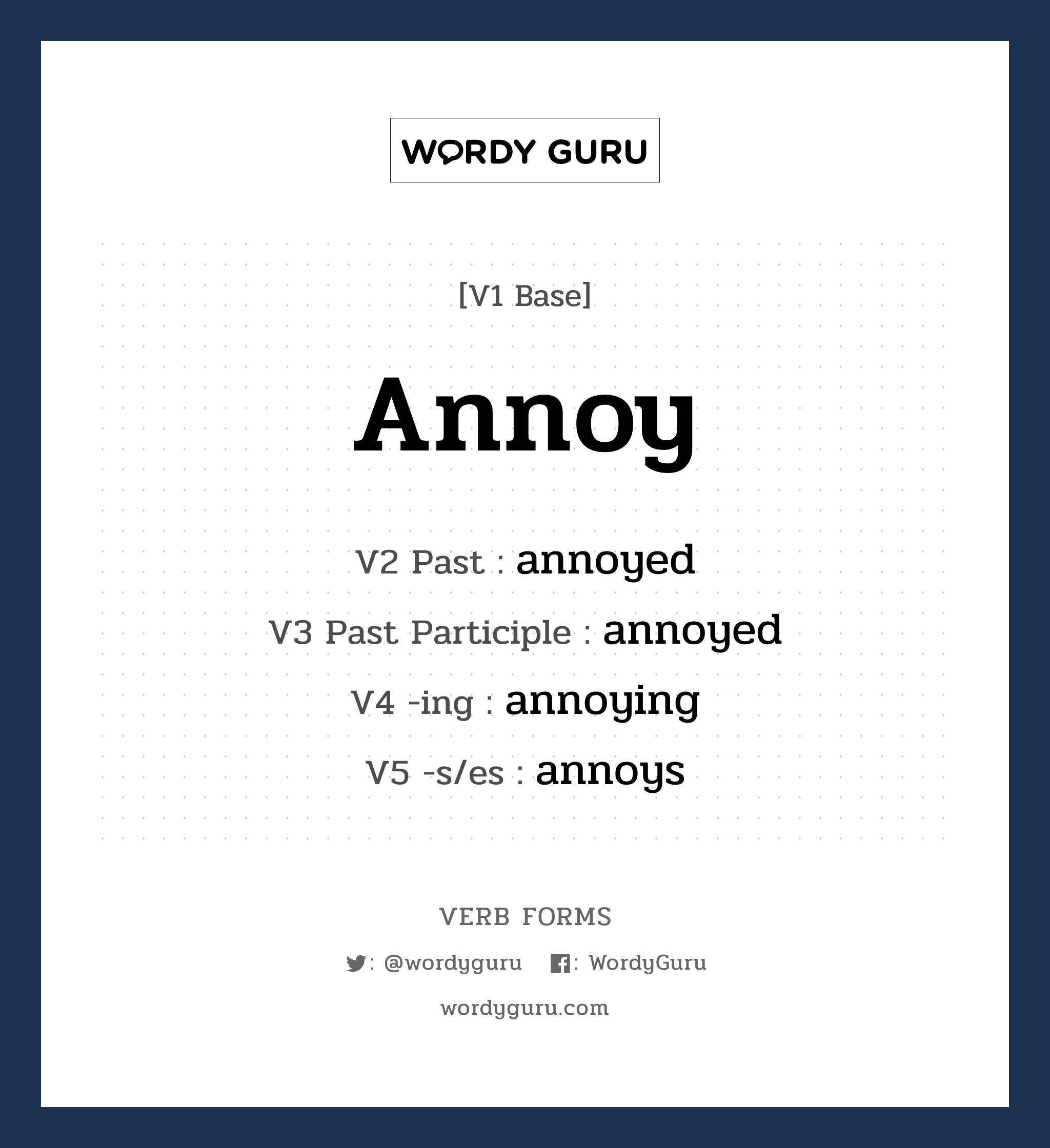annoy คำกริยาคืออะไร, V1 Base annoy V2 Past annoyed V3 Past Participle annoyed V4 -ing annoying V5 -s/es annoys หมวด base-form, regular