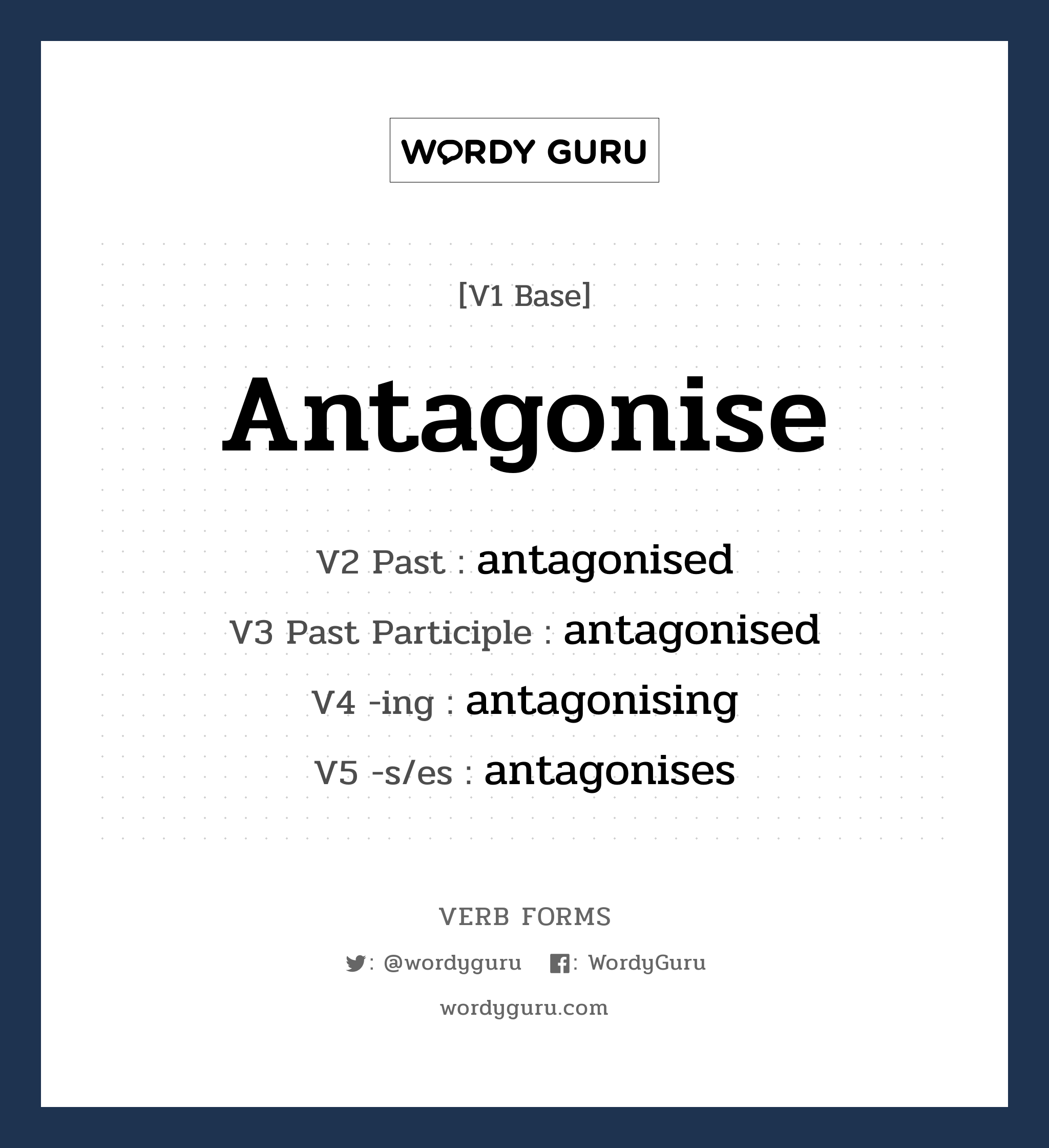 antagonise คำกริยาคืออะไร, V1 Base antagonise V2 Past antagonised V3 Past Participle antagonised V4 -ing antagonising V5 -s/es antagonises หมวด base-form, regular