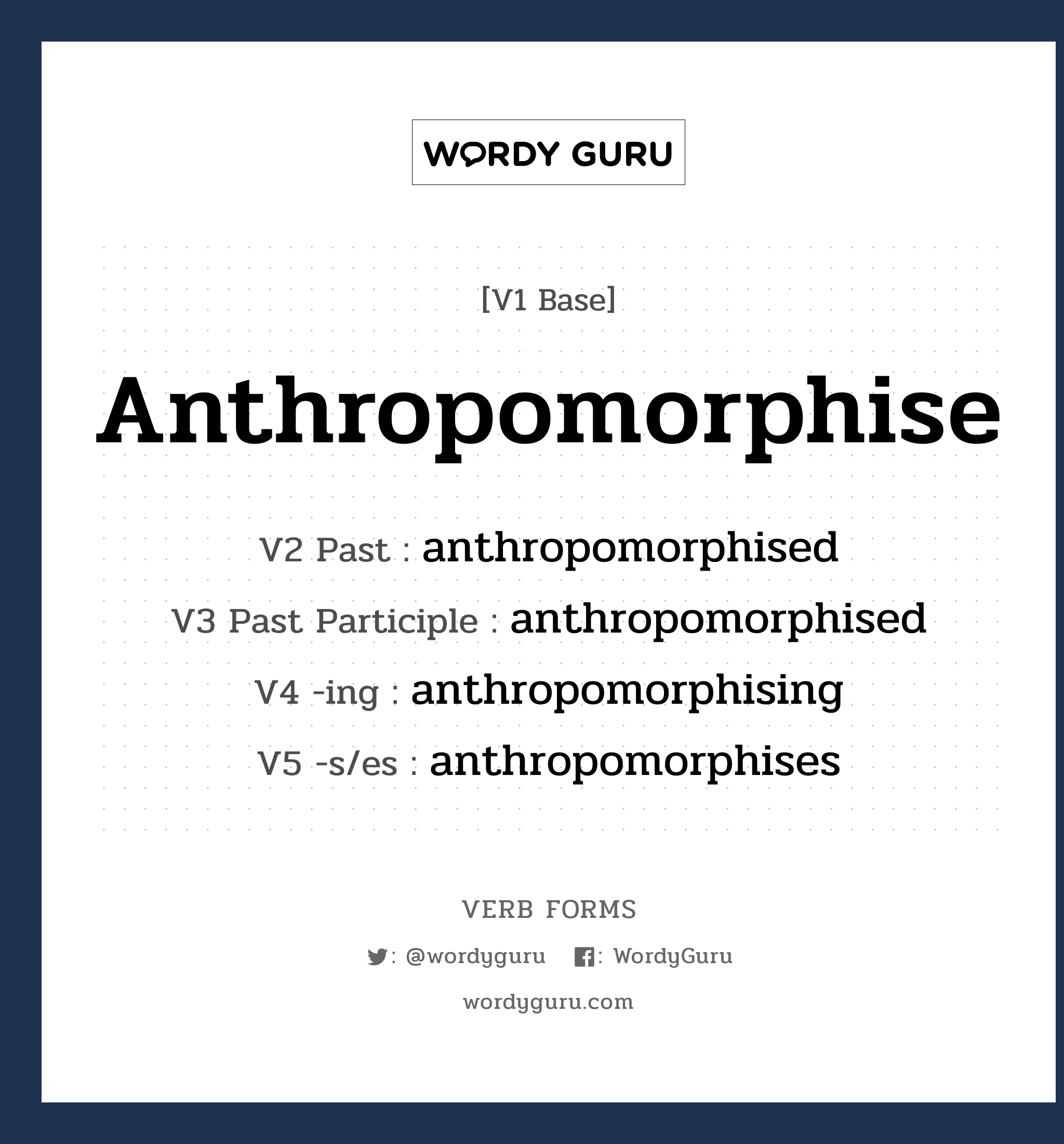 anthropomorphise คำกริยาคืออะไร, V1 Base anthropomorphise V2 Past anthropomorphised V3 Past Participle anthropomorphised V4 -ing anthropomorphising V5 -s/es anthropomorphises หมวด base-form, regular