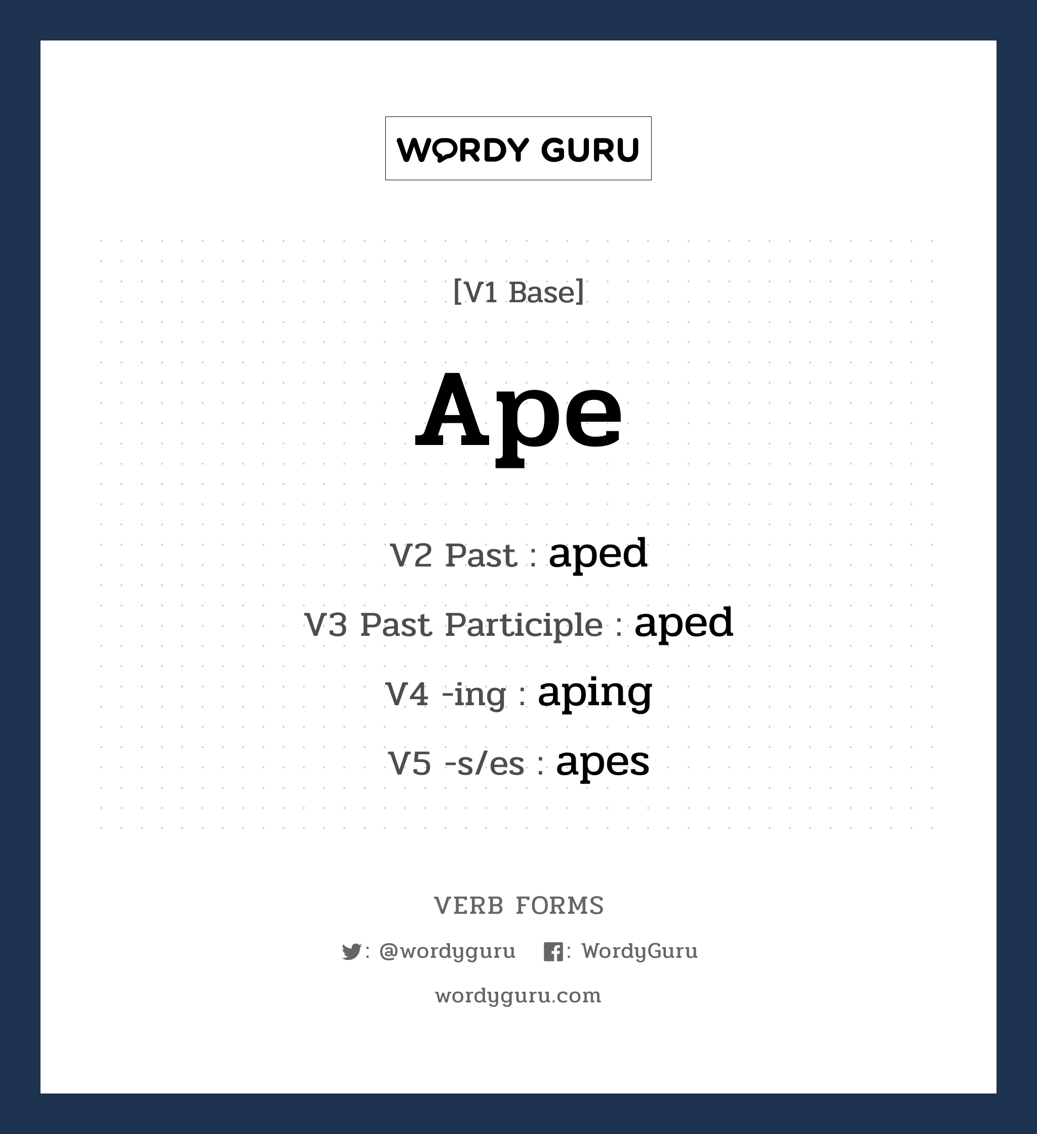 ape คำกริยาคืออะไร, V1 Base ape V2 Past aped V3 Past Participle aped V4 -ing aping V5 -s/es apes หมวด base-form, regular