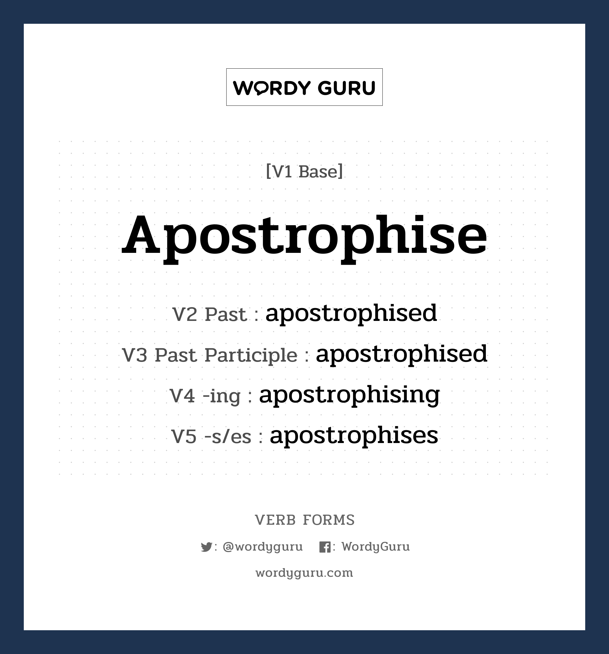 apostrophise คำกริยาคืออะไร, V1 Base apostrophise V2 Past apostrophised V3 Past Participle apostrophised V4 -ing apostrophising V5 -s/es apostrophises หมวด base-form, regular