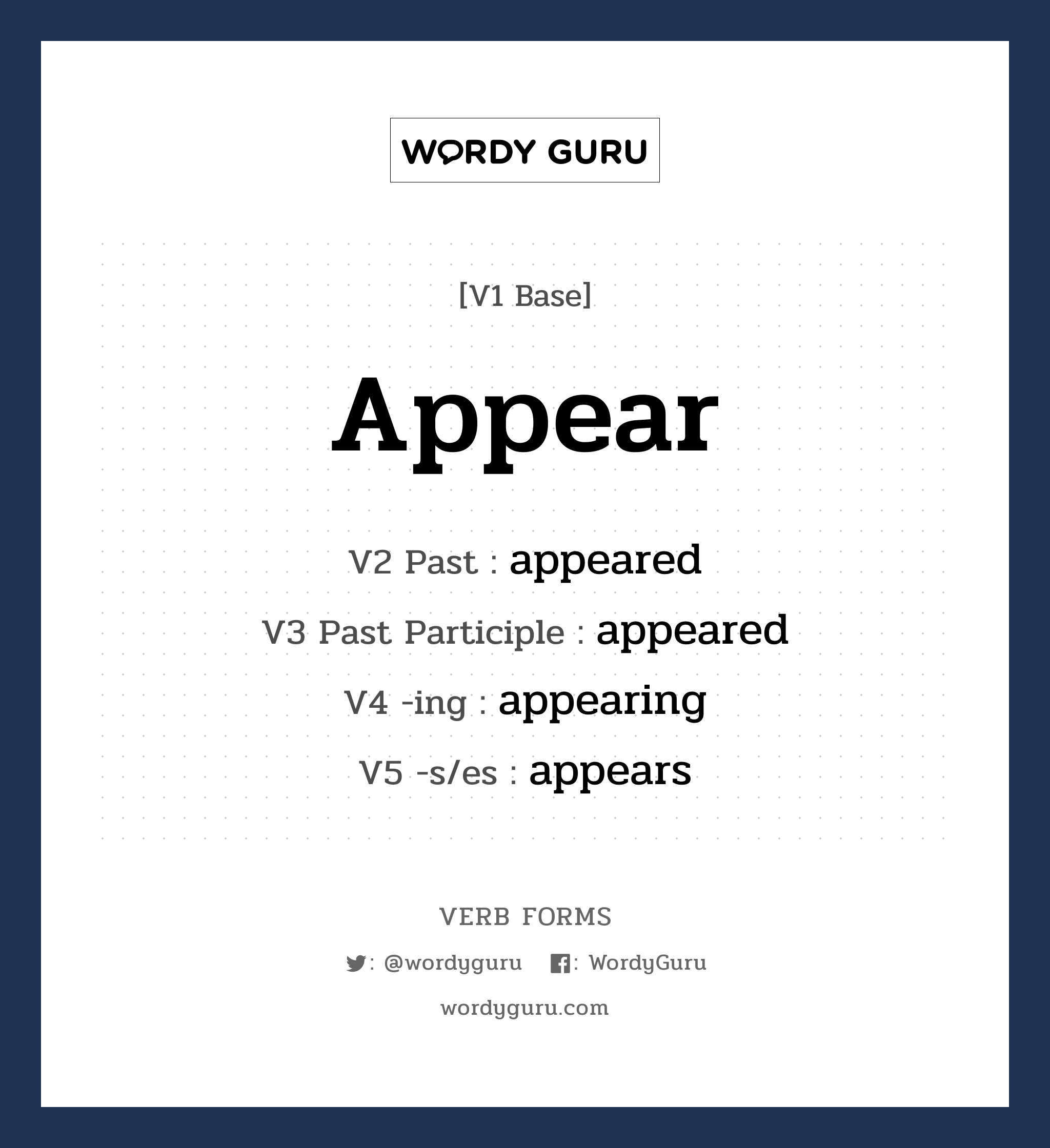 appear คำกริยาคืออะไร, V1 Base appear V2 Past appeared V3 Past Participle appeared V4 -ing appearing V5 -s/es appears หมวด base-form, regular
