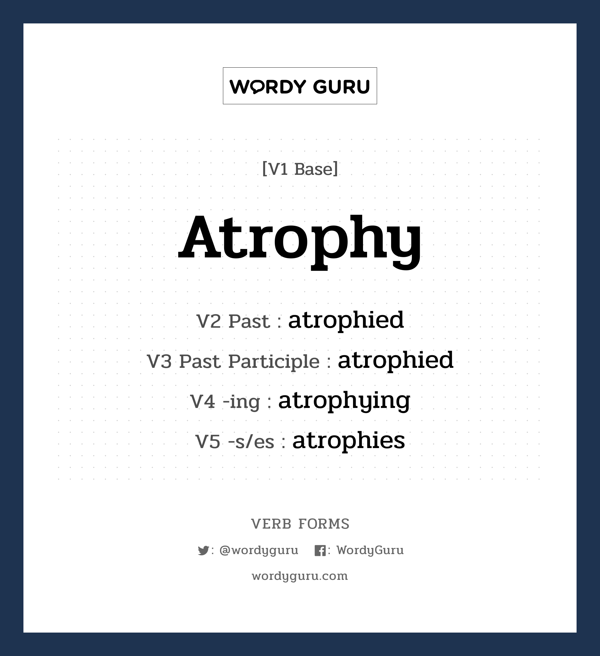 atrophy คำกริยาคืออะไร, V1 Base atrophy V2 Past atrophied V3 Past Participle atrophied V4 -ing atrophying V5 -s/es atrophies หมวด base-form, regular