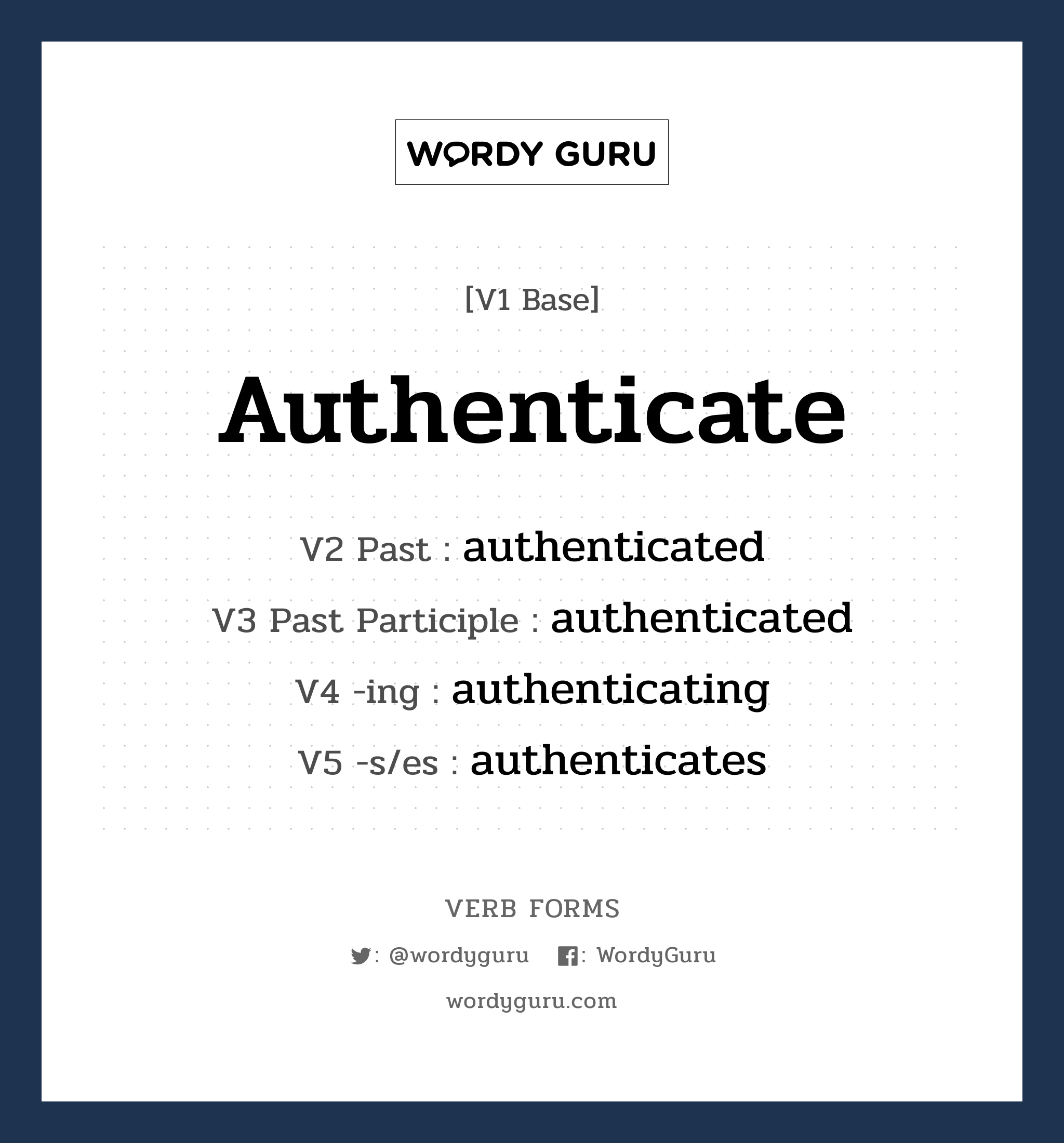 authenticate คำกริยาคืออะไร, V1 Base authenticate V2 Past authenticated V3 Past Participle authenticated V4 -ing authenticating V5 -s/es authenticates หมวด base-form, regular