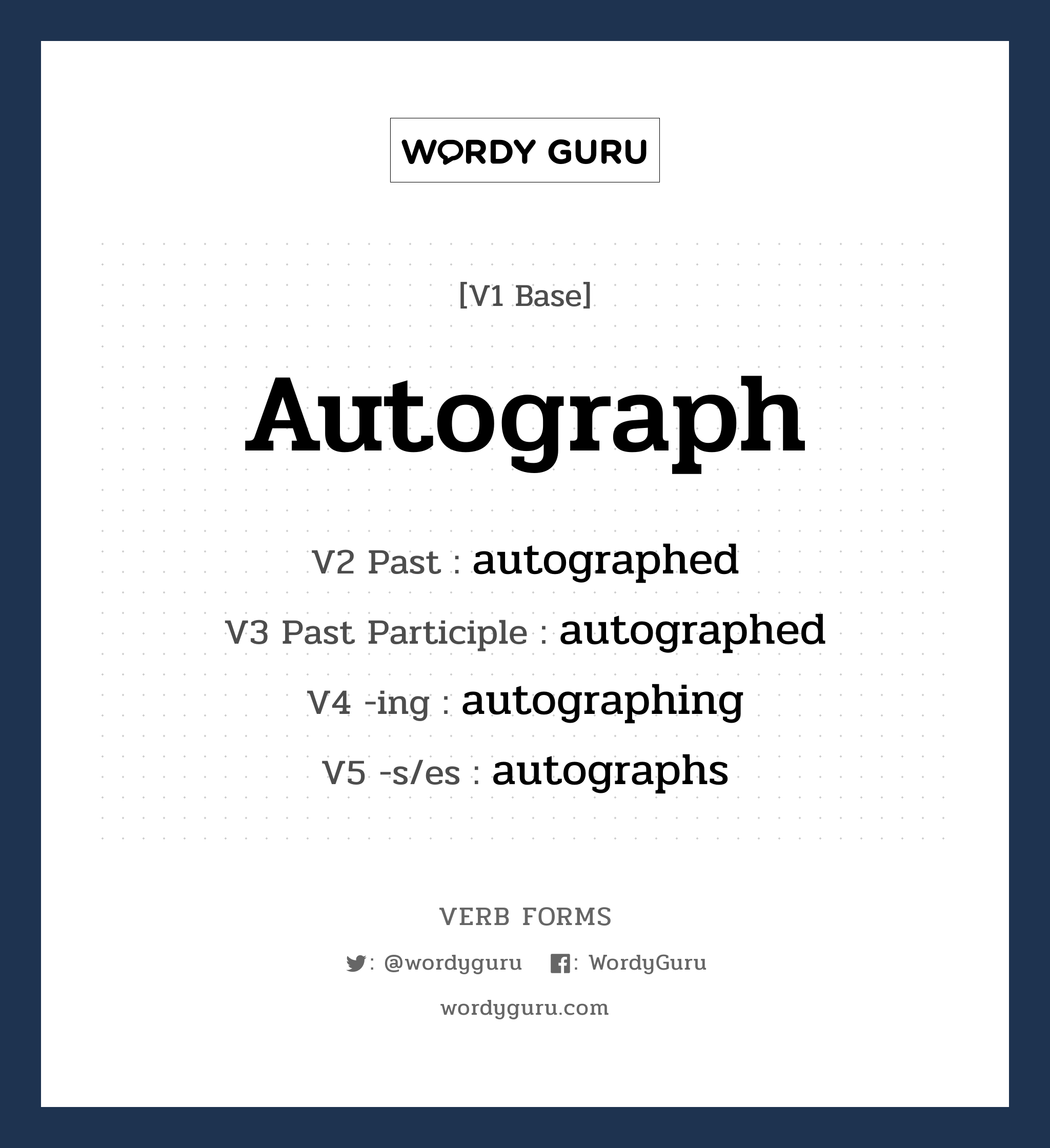 autograph คำกริยาคืออะไร, V1 Base autograph V2 Past autographed V3 Past Participle autographed V4 -ing autographing V5 -s/es autographs หมวด base-form, regular