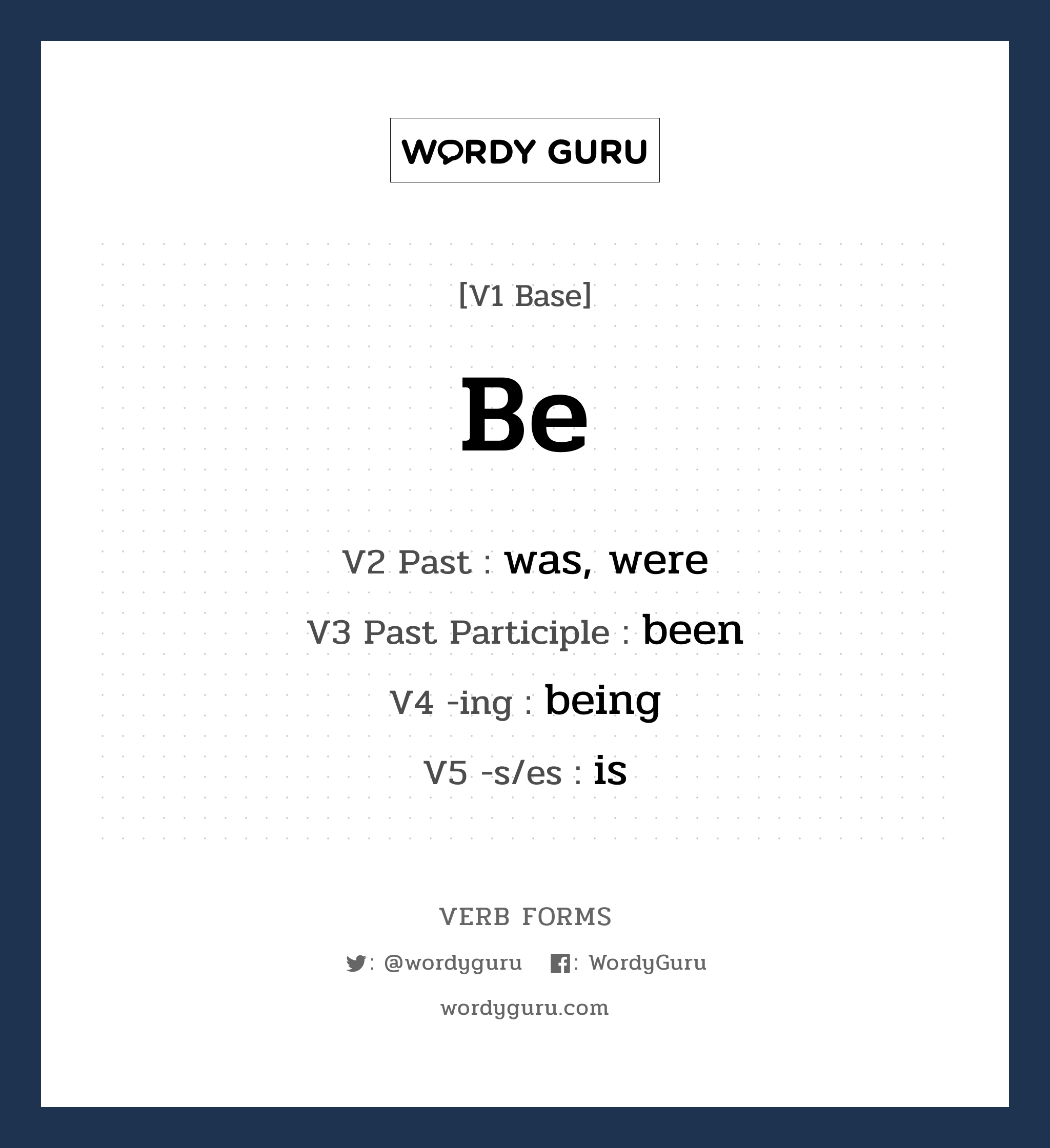 be คำกริยาคืออะไร, V1 Base be V2 Past was, were V3 Past Participle been V4 -ing being V5 -s/es is หมวด base-form, irregular