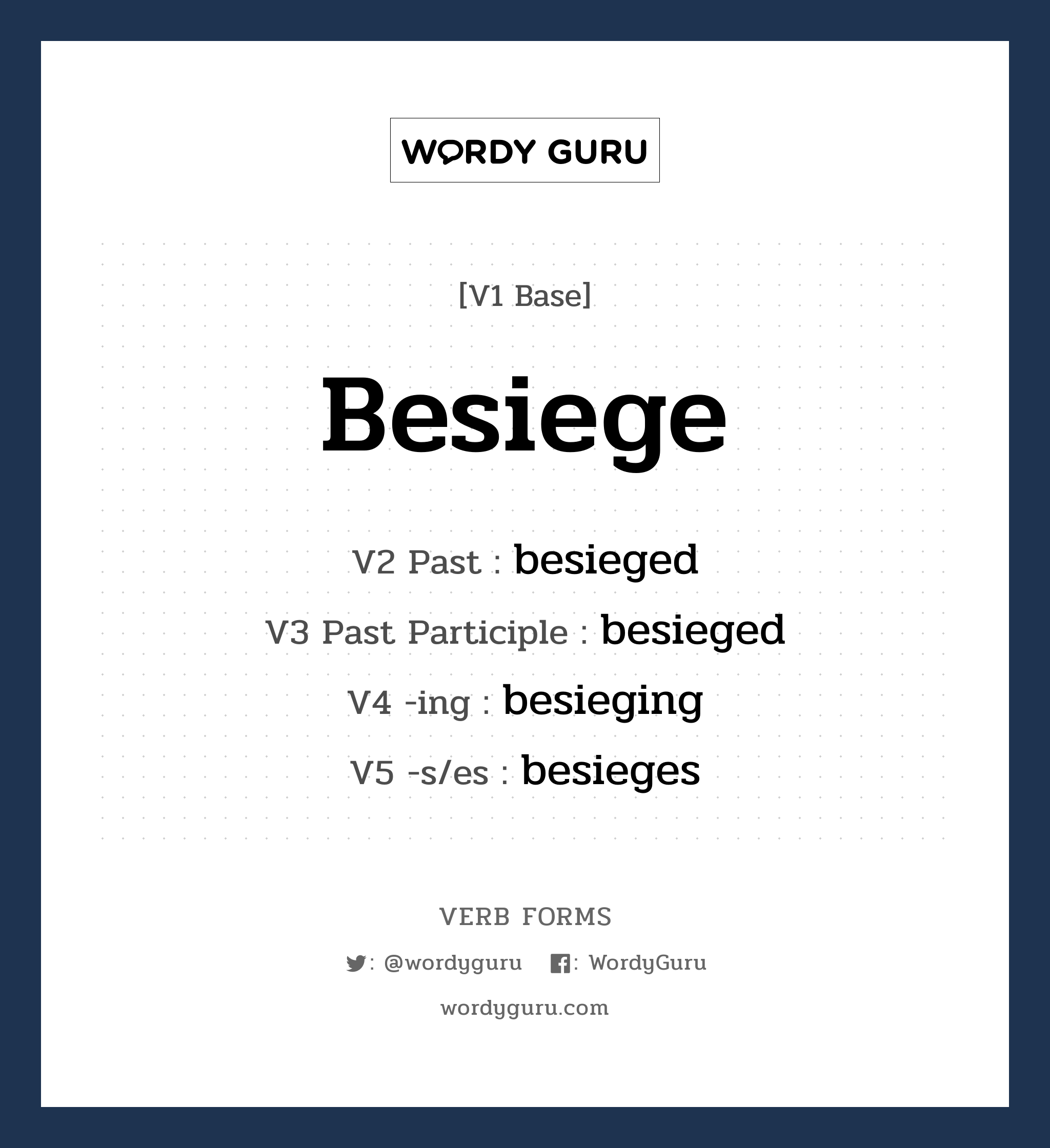 besiege คำกริยาคืออะไร, V1 Base besiege V2 Past besieged V3 Past Participle besieged V4 -ing besieging V5 -s/es besieges หมวด base-form, regular