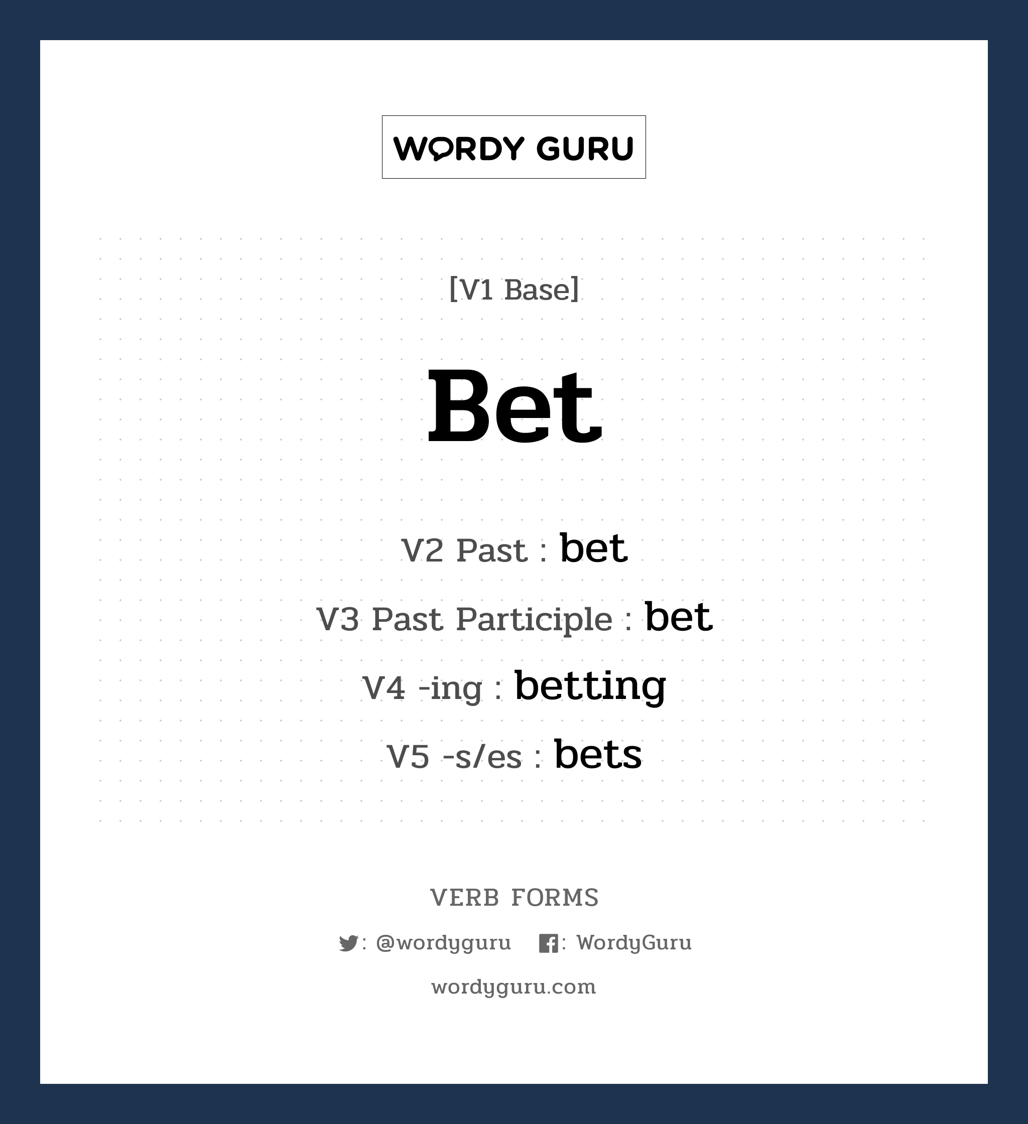 bet คำกริยาคืออะไร, V1 Base bet V2 Past bet V3 Past Participle bet V4 -ing betting V5 -s/es bets หมวด base-form, irregular