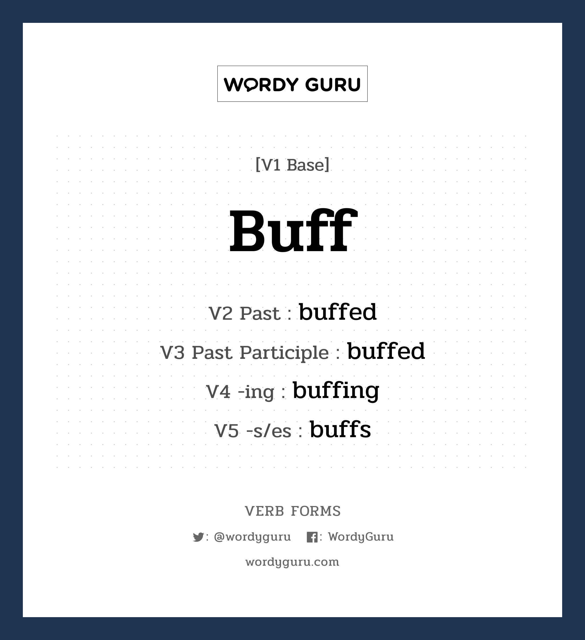 buff คำกริยาคืออะไร, V1 Base buff V2 Past buffed V3 Past Participle buffed V4 -ing buffing V5 -s/es buffs หมวด base-form, regular
