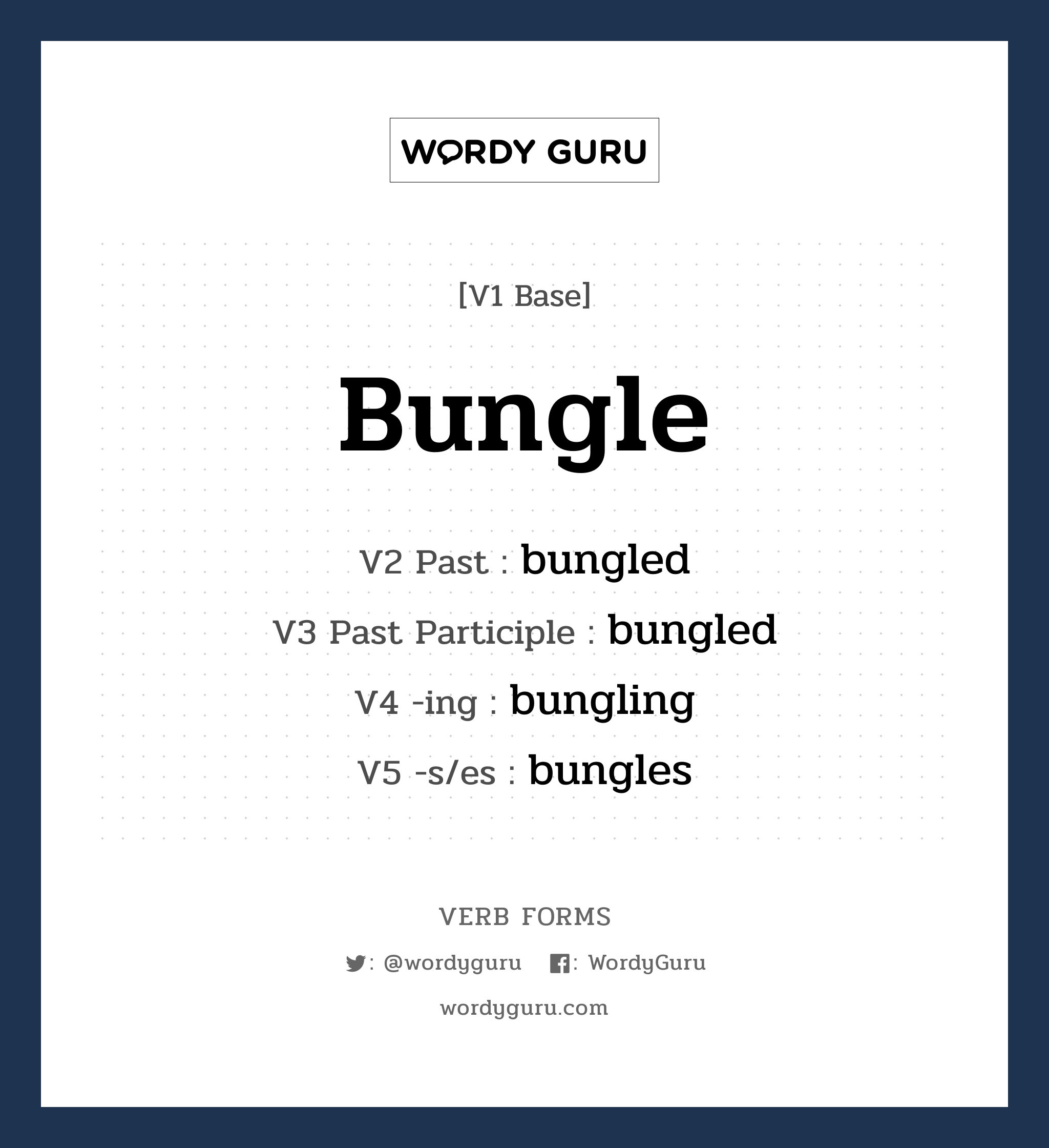 bungle คำกริยาคืออะไร, V1 Base bungle V2 Past bungled V3 Past Participle bungled V4 -ing bungling V5 -s/es bungles หมวด base-form, regular