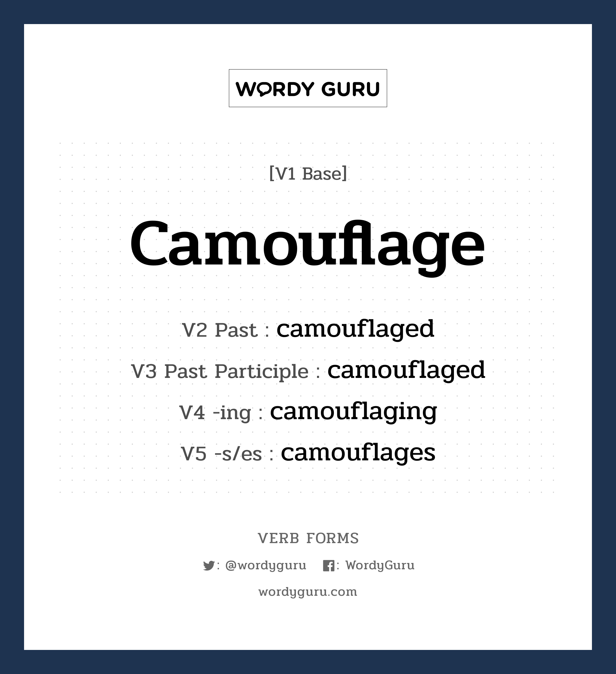 camouflage คำกริยาคืออะไร, V1 Base camouflage V2 Past camouflaged V3 Past Participle camouflaged V4 -ing camouflaging V5 -s/es camouflages หมวด base-form, regular