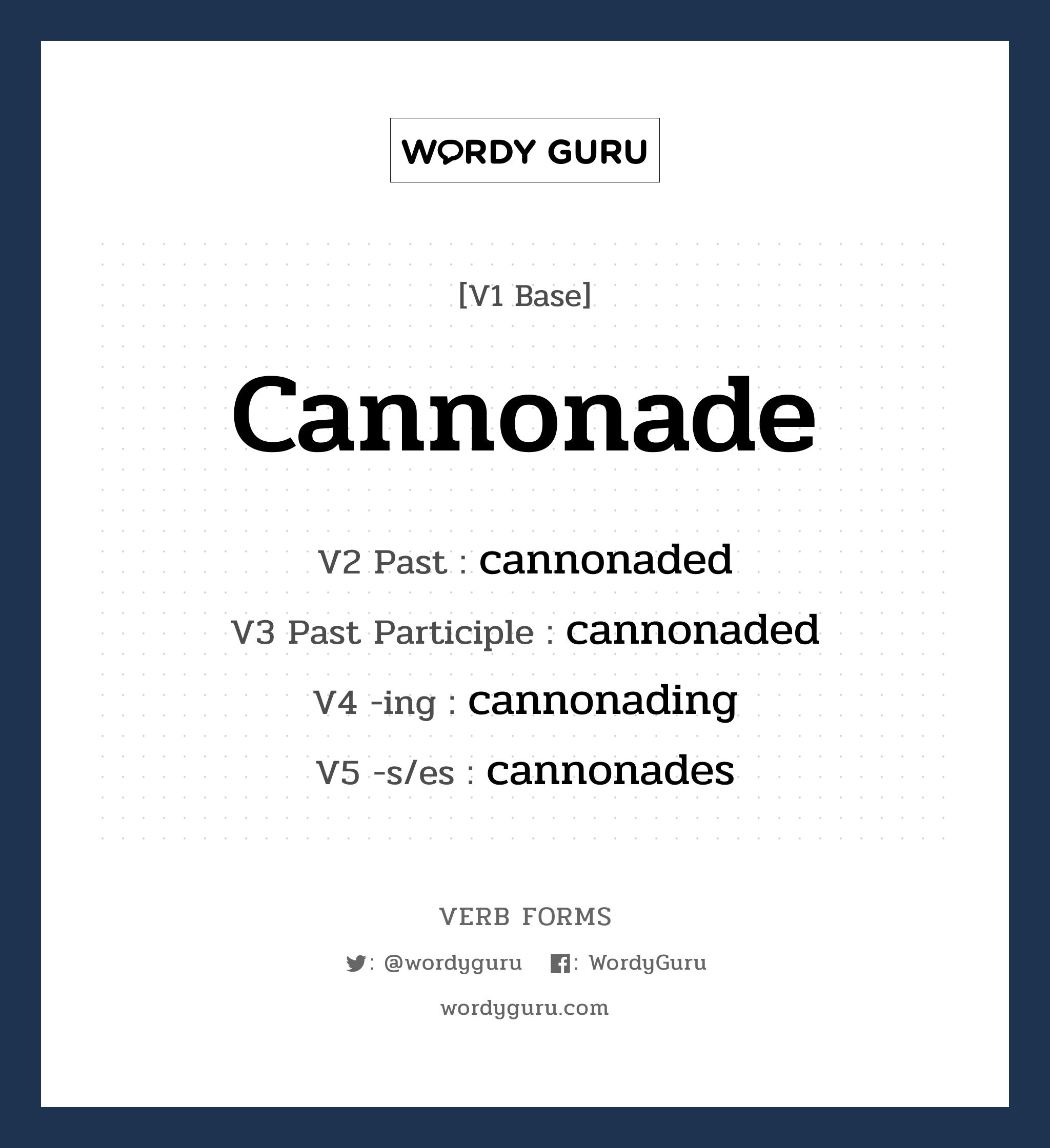 cannonade คำกริยาคืออะไร, V1 Base cannonade V2 Past cannonaded V3 Past Participle cannonaded V4 -ing cannonading V5 -s/es cannonades หมวด base-form, regular