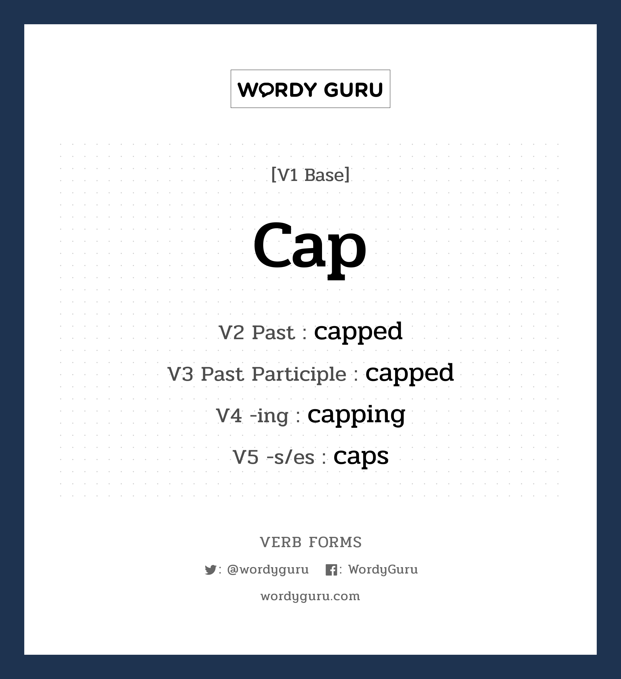 cap คำกริยาคืออะไร, V1 Base cap V2 Past capped V3 Past Participle capped V4 -ing capping V5 -s/es caps หมวด base-form, regular