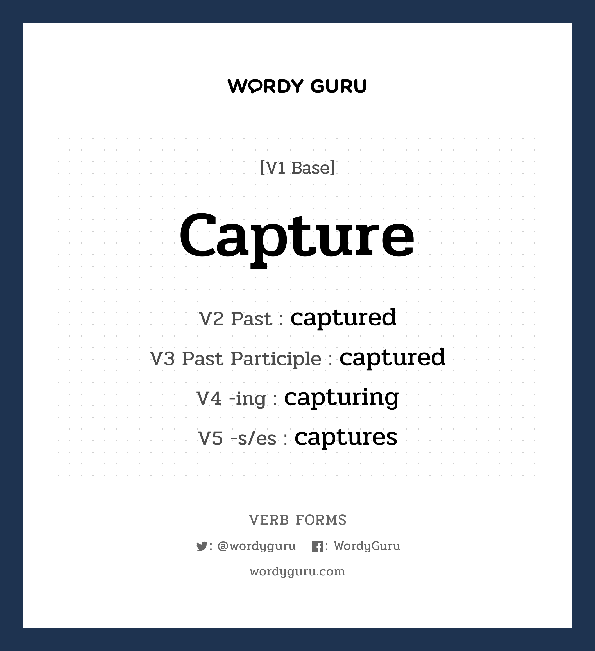 capture คำกริยาคืออะไร, V1 Base capture V2 Past captured V3 Past Participle captured V4 -ing capturing V5 -s/es captures หมวด base-form, regular